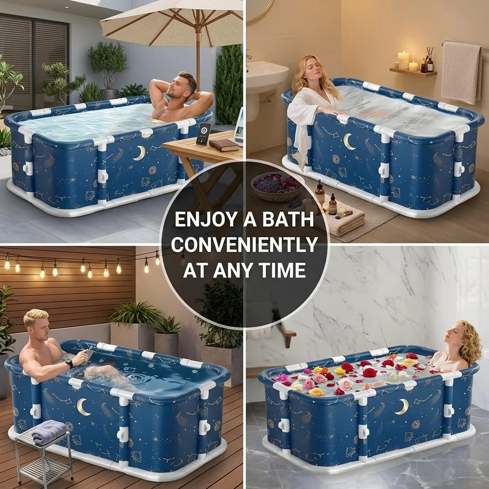 Bañera plegable, 119,9 x 59,9 x 50 cm, bañera portátil compuesta de material de 7 capas, ducha y baño de hielo, portátil, no inflable