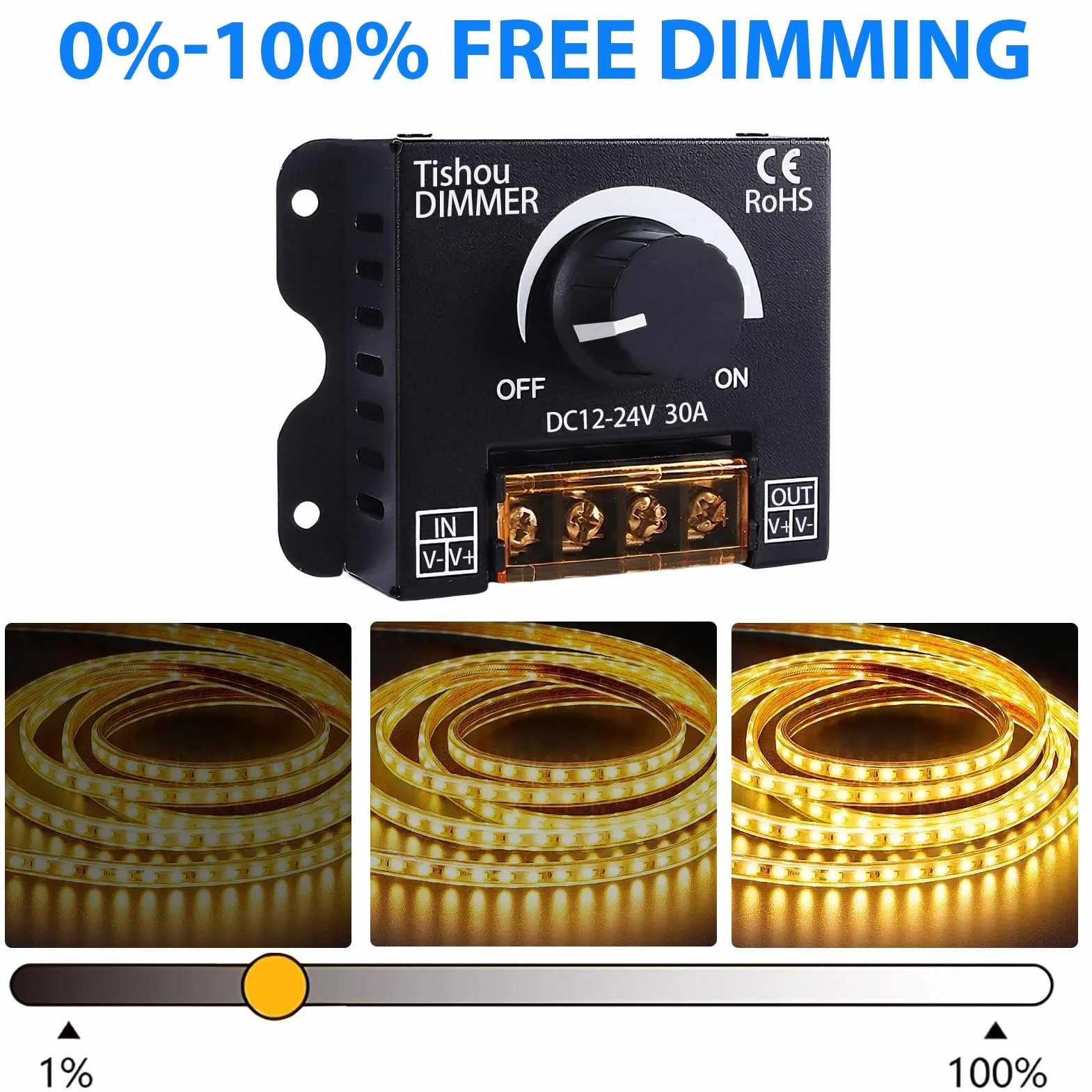Controlador LED 12V 24V 30A PWM Regulador de Intensidad con Botón On/Off, Dimmer para Tira LED Monocromática 5050 3528, Carcasa de Aluminio Duradera e Instalación Sencilla Compatible con Luces DC