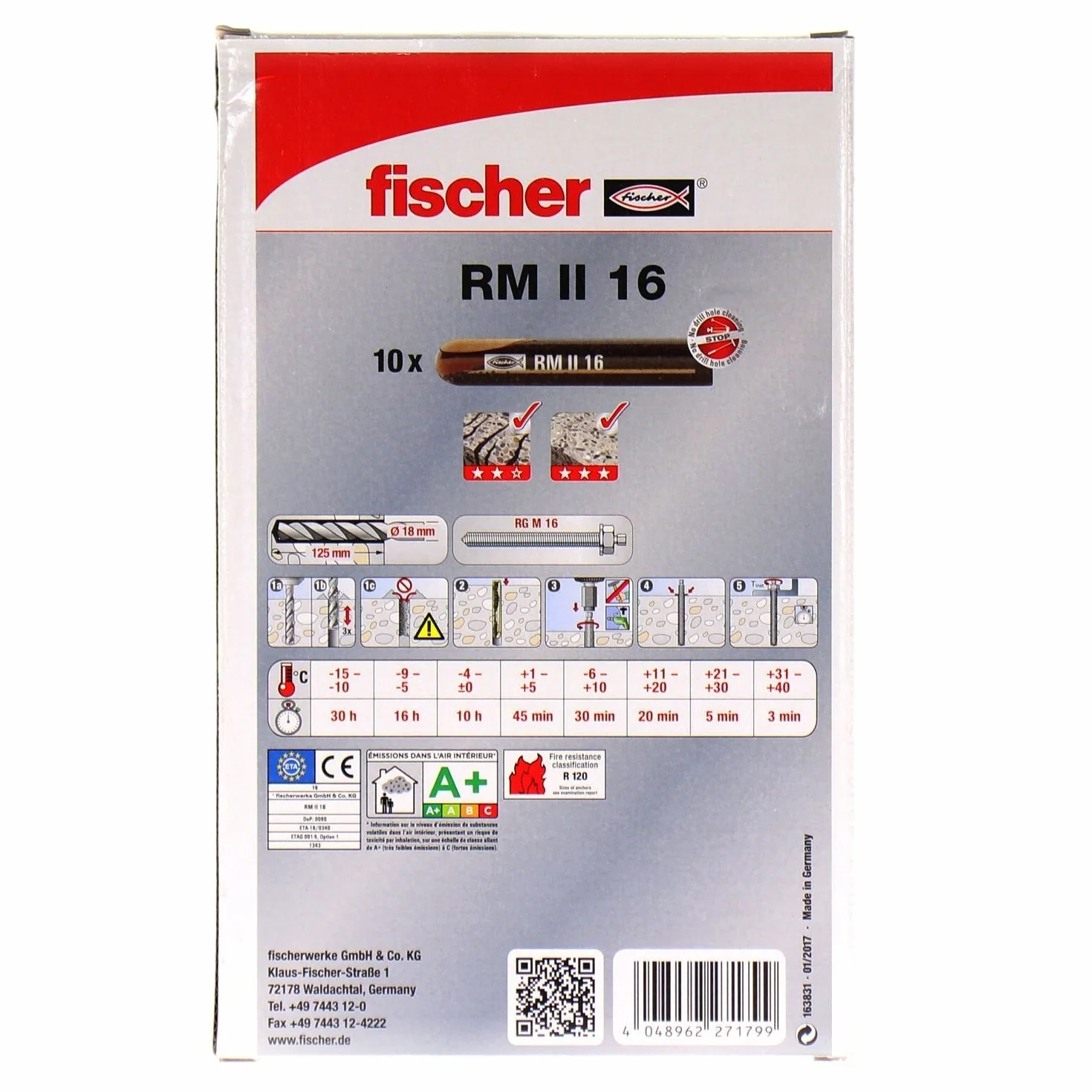 fischer - Taco Químico en Cápsula de Resina RM II 16 - Para Fijación en Hormigon o Piedra Natural - Tacos Hormigon - Con Aprobación ETA-16 - Combínala con la Varilla RG M - (300 ml)