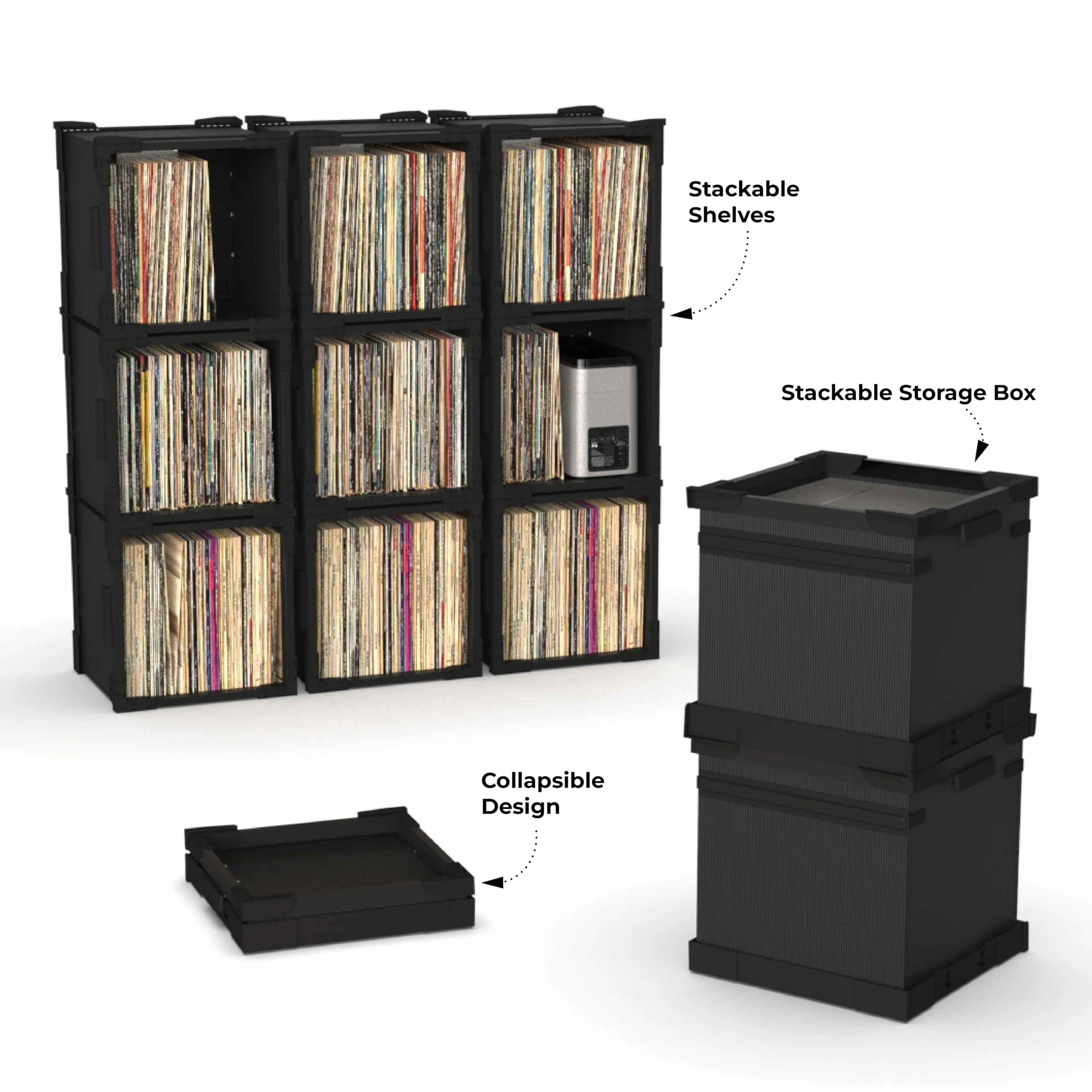 HumminGuru FlexiCube Caja para Guardar Discos de Vinilo Organizador Apilable 12 Pulgadas 70 LP Estante Modular Plegable (3 cubos)