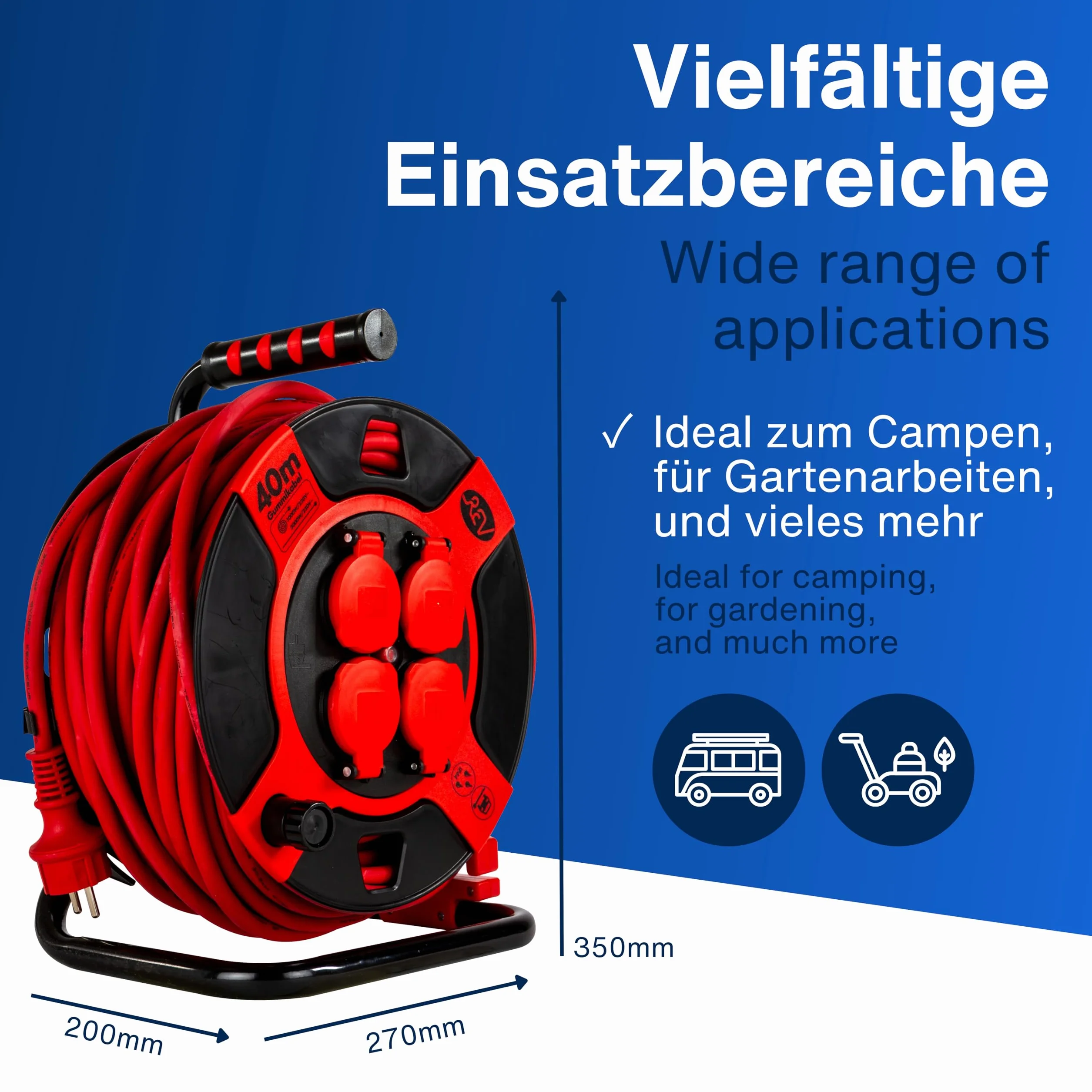 REV Carrete de cable EX, 40 m, H07RN, IP44, 3000 W, cable de extensión, exterior, 4 enchufes, interruptor térmico, rojo | Carcasa robusta | Cable: H07RN – ideal para exteriores