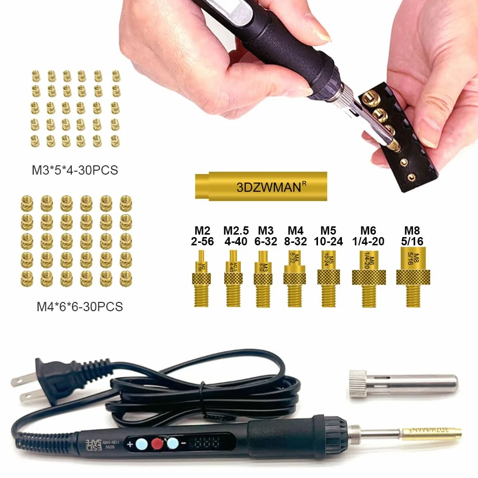 Heat Set Insert Tools Kit Brass Nuts 3D Printing 60W Digital Soldering Iron 94PCS