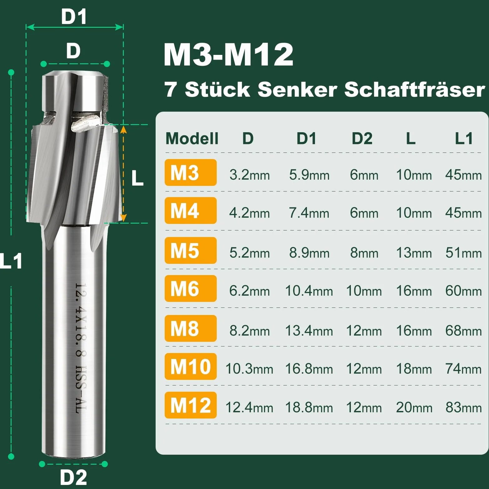 7 avellanadores planos M3-M14 HSS, avellanador de 4 dientes, ranura CNC, avellanador cónico para metal, acero, aluminio, madera, acero inoxidable, plástico