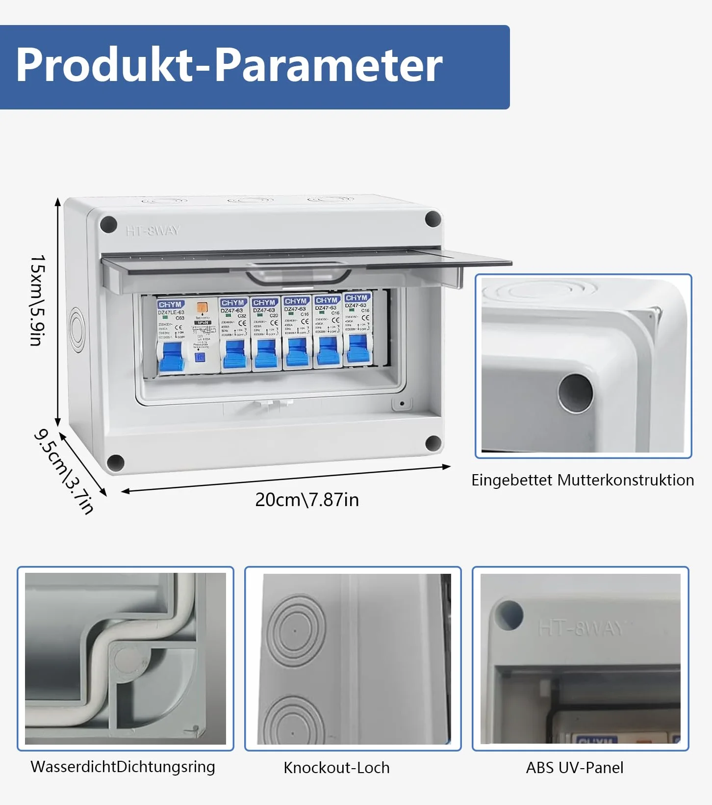Caja de fusibles empotrada, caja de distribución con interruptor de protección Fi, subdistribución para garajes, talleres, disyuntor IP65 63 A, interruptor de separación AC 33x16A+20A+32A