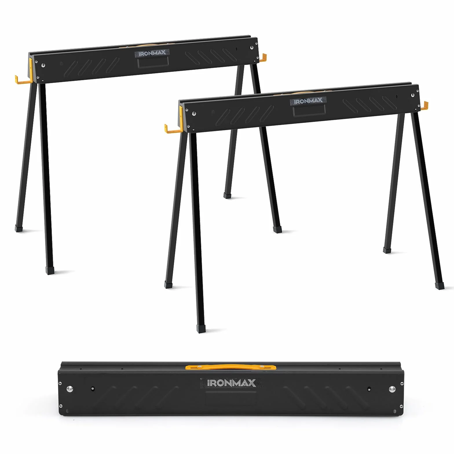 COSTWAY Juego de 2 Caballeteas de Sierra con Patas Plegables, Caballete Metálico de Trabajo con Asa y Brazos de Soporte, Borriquetas para Contratistas Carpinteros, Carga 500 kg, Negro