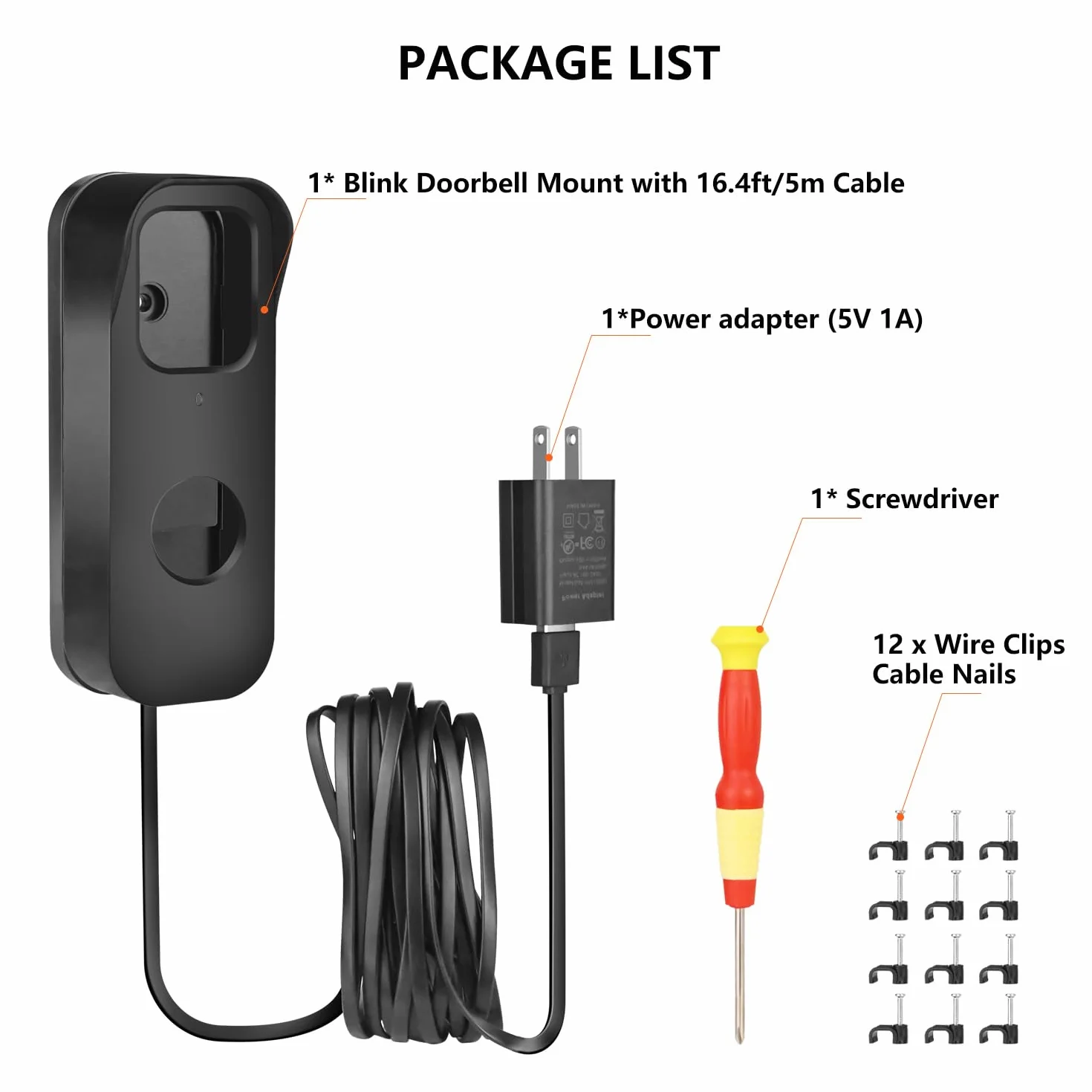 Cable de alimentación 2 en 1 con adaptador y soporte calcomanía para timbre compatible con timbre de video Blink de 1ª a 2023, transformador de timbre con cable de carga de 16.4 pies para cámara de