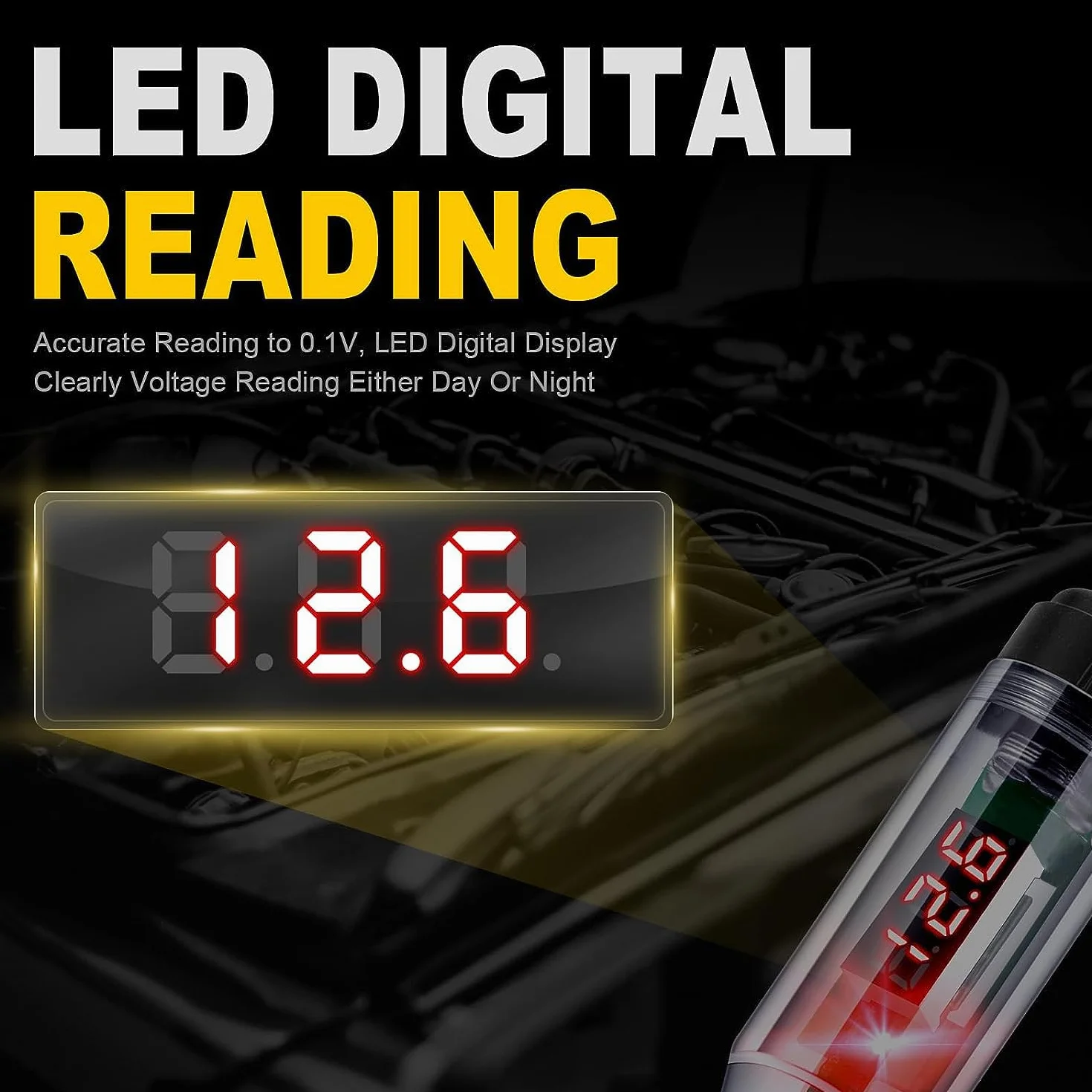 Greluma 1 Pieza Probador de circuito automotriz de 3-48V con voltímetro,luz de prueba de pantalla de retroiluminación LED resistente,probador de voltaje de DC bidireccional