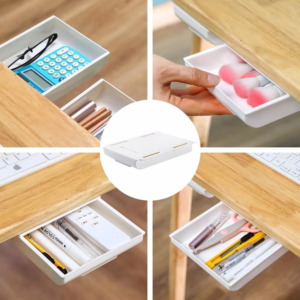 Cajón Debajo Del Escritorio Organizador Autoadhesivo Extensible Almacenamiento Mini Blanco 25.5×20×4.2cm