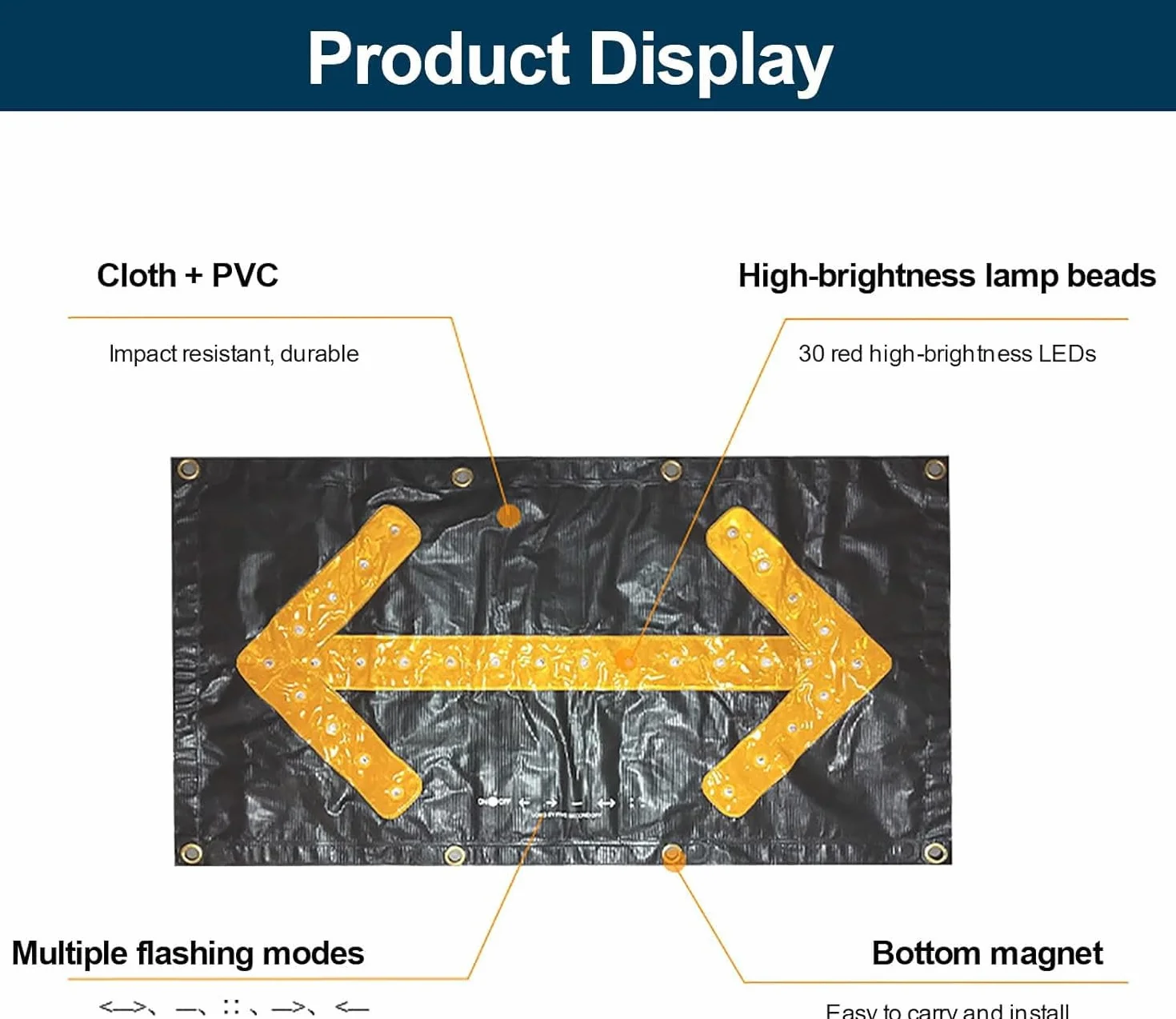 Luz de guía de tráfico magnética plegable de 18" x 33,5" - Señal de flecha de tráfico LED for mantenimiento de carreteras y señales de emergencia