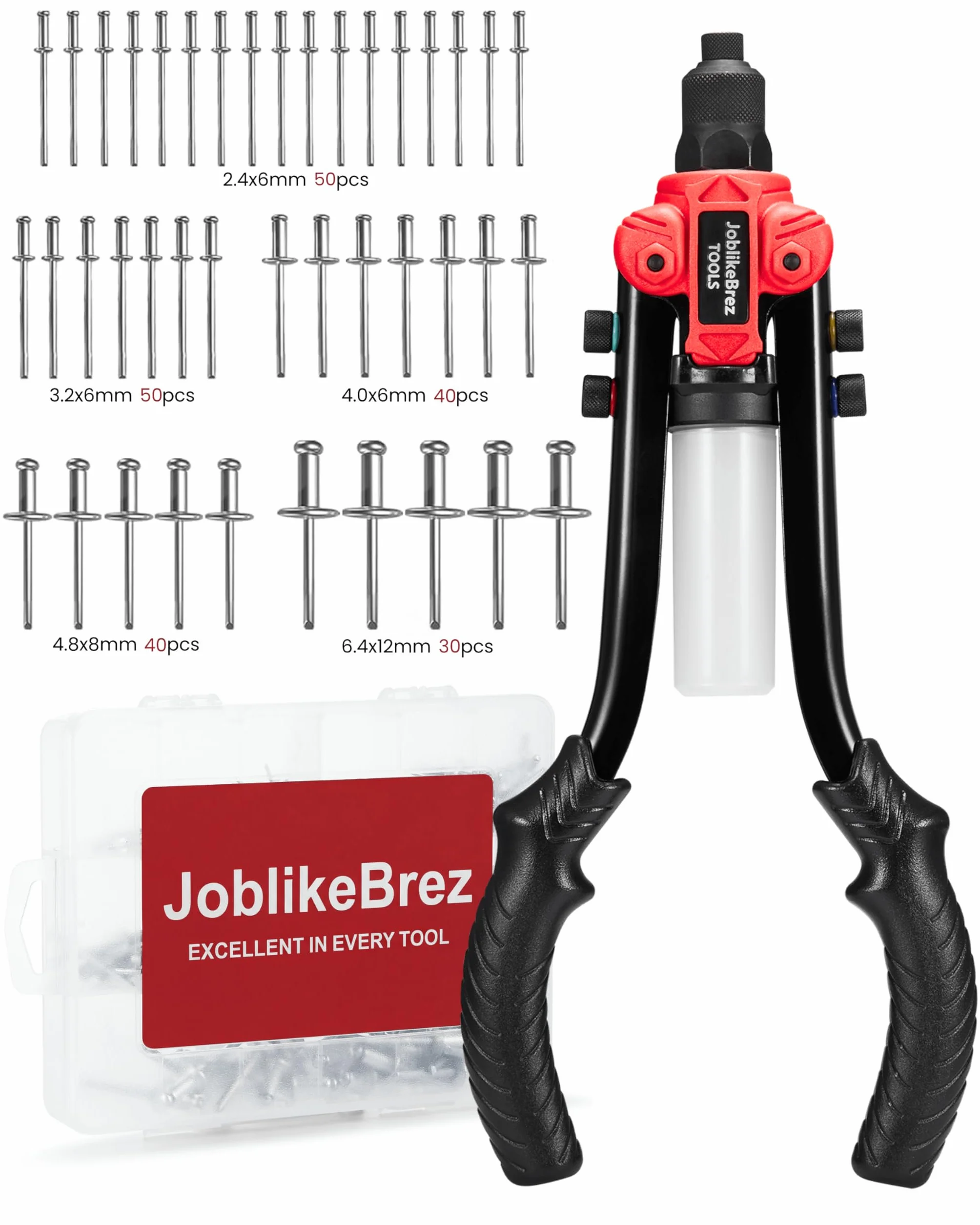 Kit de alicates de remache Pro con 210 remaches Pop (2,4 – 6,4 mm) | Gran pinza de remache Pop de 33 cm con colector de varillas | Remachadora robusta para automóvil, metal y bricolaje