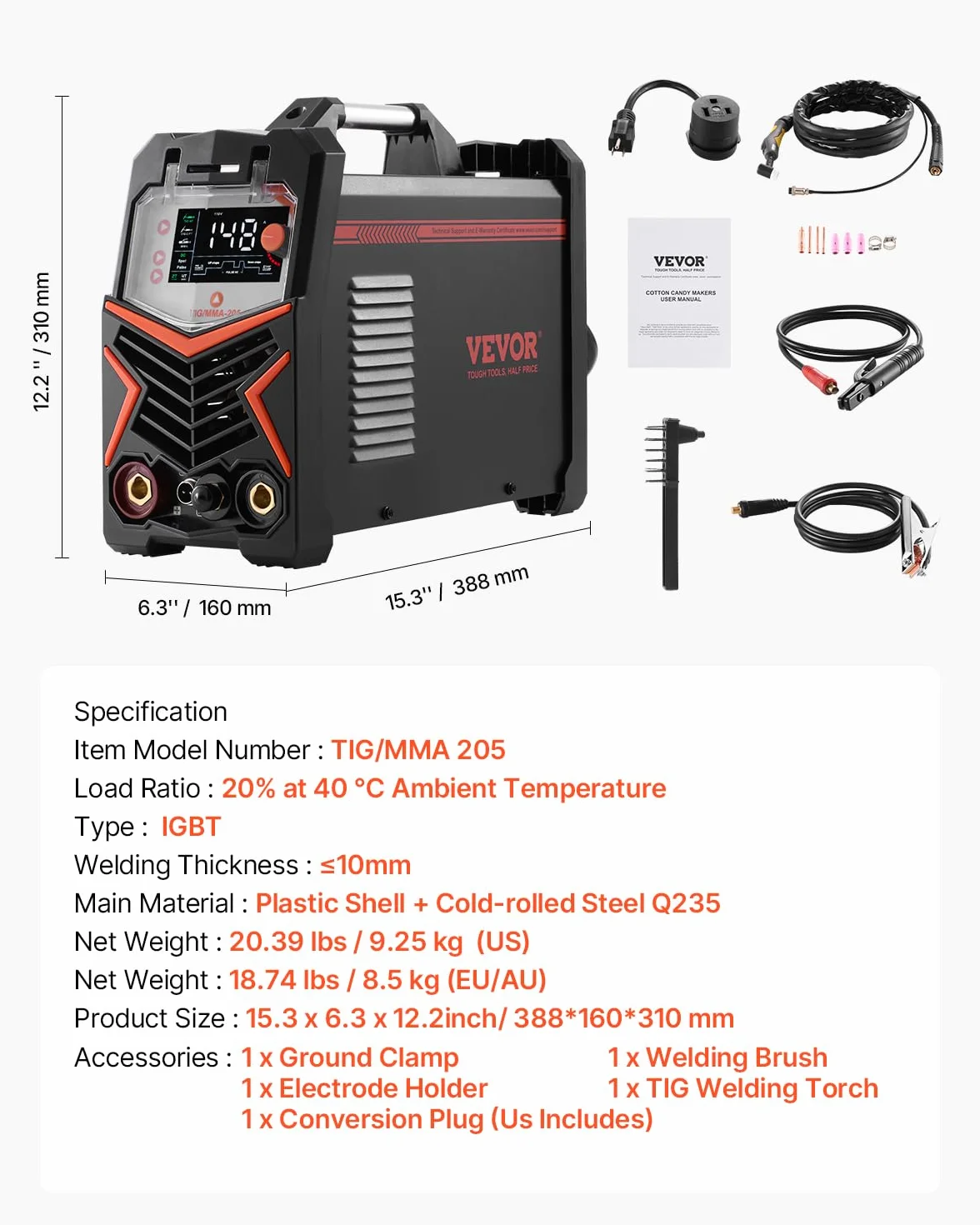 VEVOR Máquina de Soldar TIG 3 en 1 de 205 A, Pantalla LED Grande, Máquina de Soldadura TIG con Inversor IGBT y Arranque de Alta Frecuencia, TIG CC/TIG Pulsado CC/MMA, Varilla, 388 x 160 x 310 mm