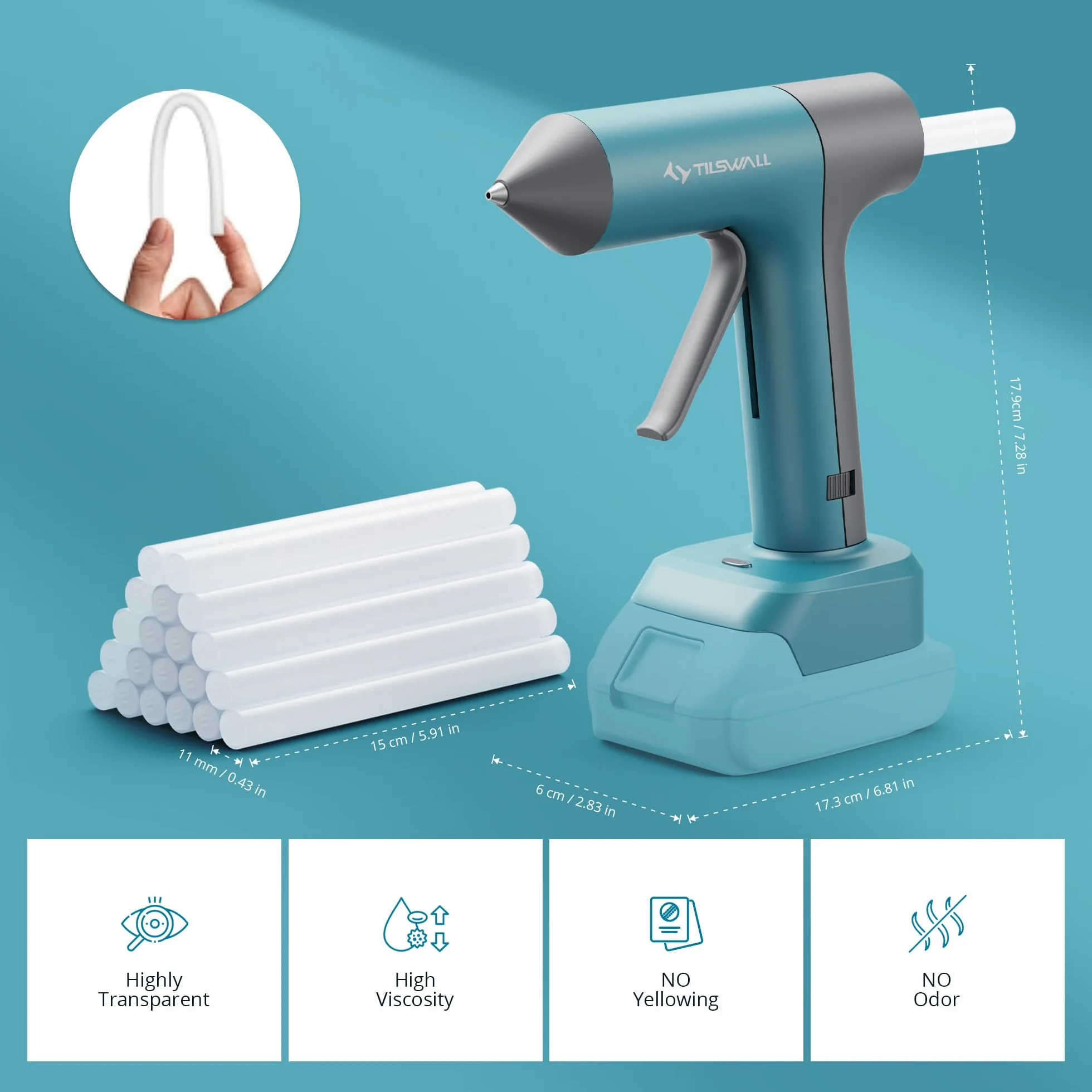Pistola de pegamento caliente Tilswall compatible con baterías Makita 18V/20V, tamaño completo, precalentamiento en 90s, incluye 10 barras adhesivas (0.43 pulg.) (Baterías no incluidas)