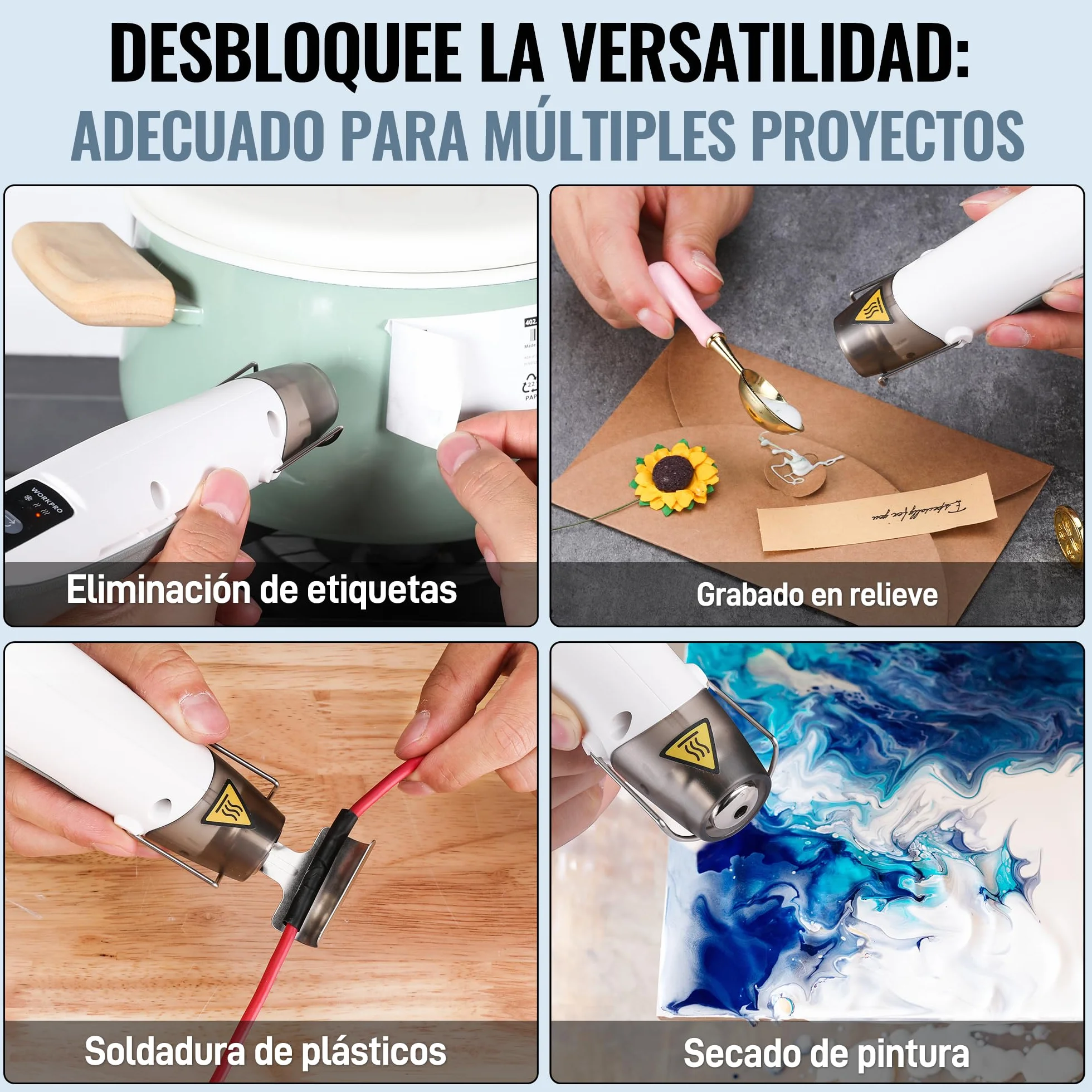 WORKPRO Mini Pistola de Calor de 7,2 V, Pistola de Aire Caliente Inalámbrica, 3 Temperaturas(Frío/150℃/360℃), Calentamiento Rápido, con Boquilla Reflectora, 2000 mAh, Ideal para Manualidades y DIY