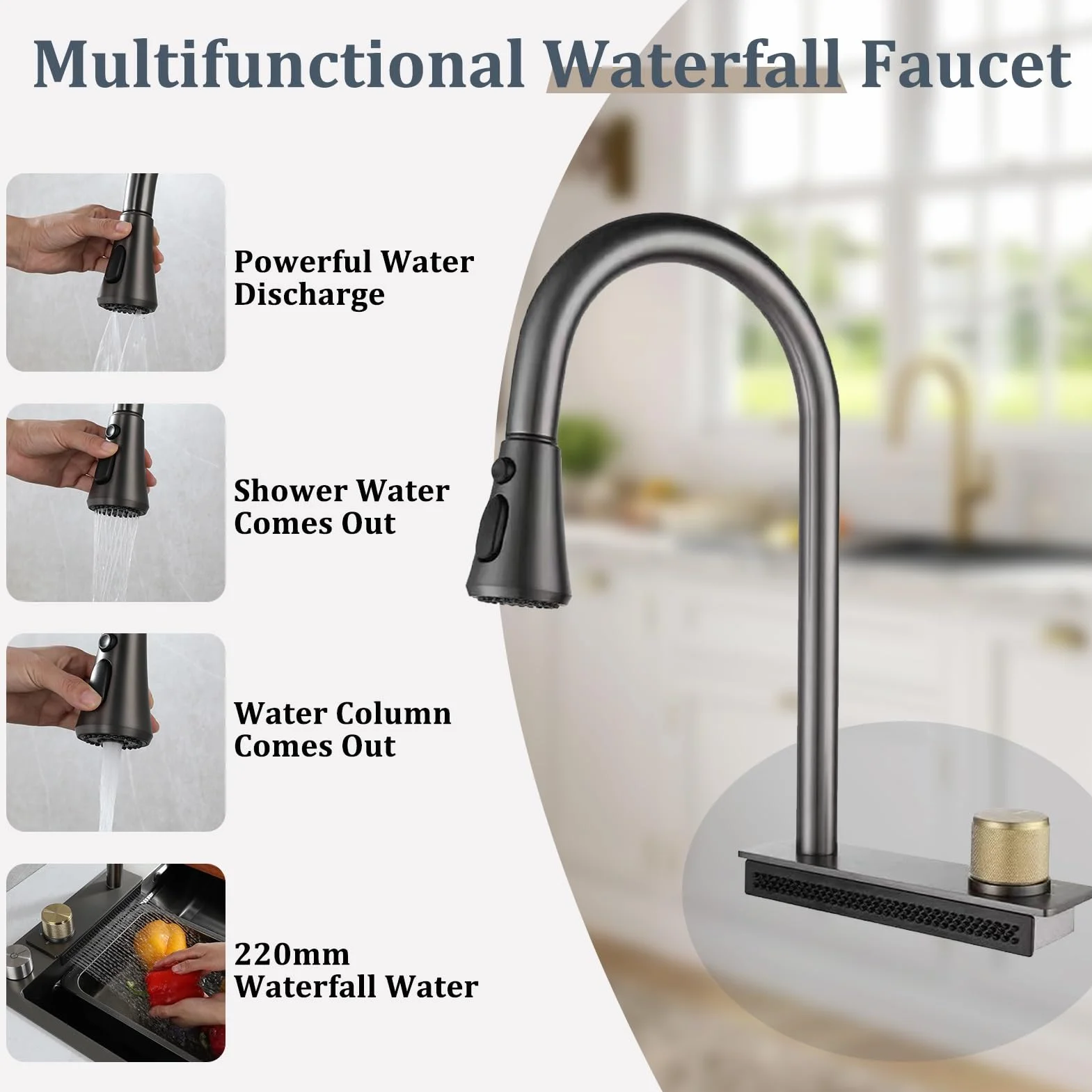 50 Cm De Ancho Fregadero De Cocina Con Grifo Cocina Extraible, 1 Cubeta De Acero Inoxidable Nanorrevestimiento, Fregadero Negro Con Cascada Así Como Otros Accesorios(Black-Grey B,85x50cm)