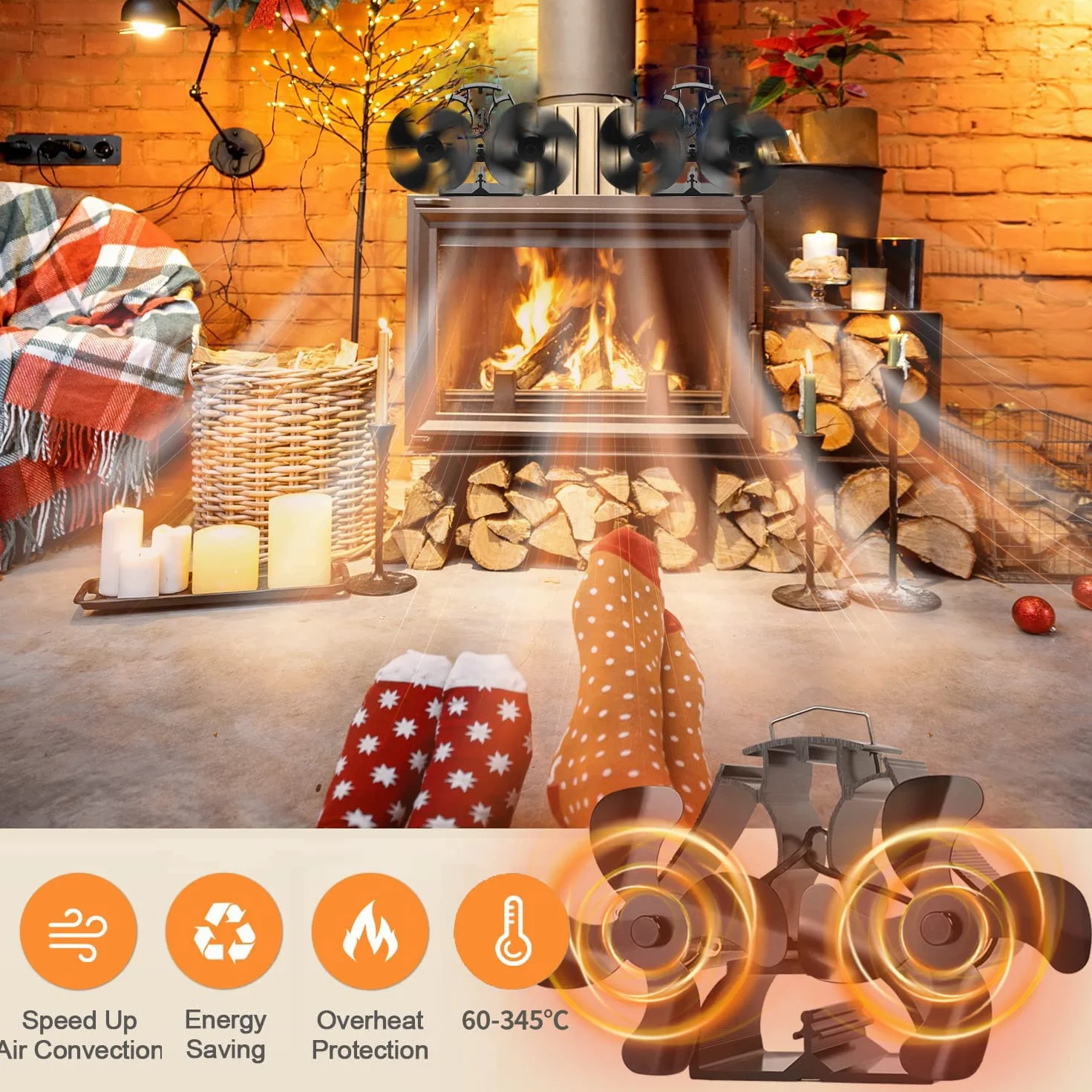Tomersun Ventilador de estufa de leña, ventilador de chimenea de 8 aspas alimentado por calor, ventilador superior térmico para quemador de leña