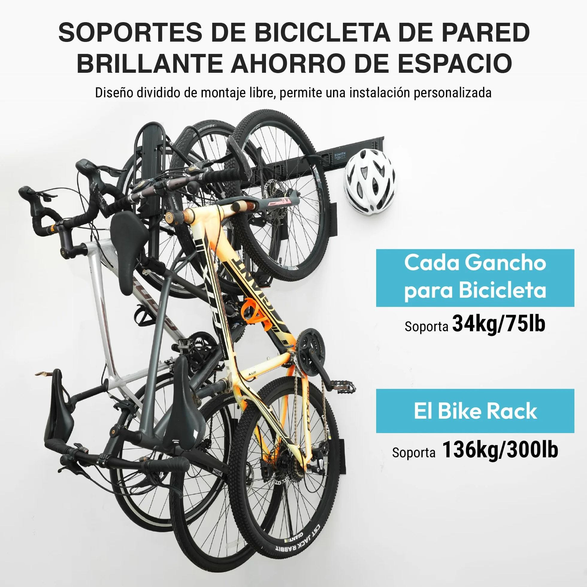 Soporte bicicleta pared con ganchos para bicicletas y cascos, capacidad 136 kg