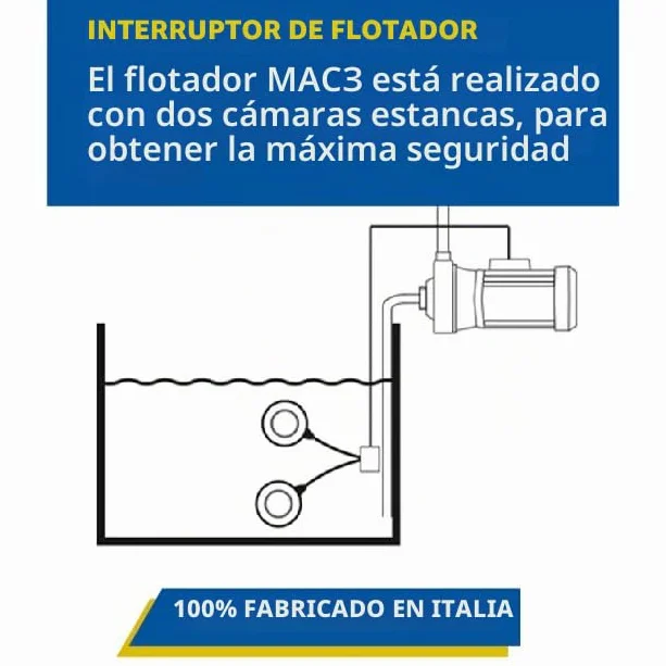 Interruptor de Flotador MAC3 para Bomba Sumergible – Flotador eléctrico 5 m, regulador de Nivel de Agua para depósitos, pozos, cisternas – Fabricado en Italia