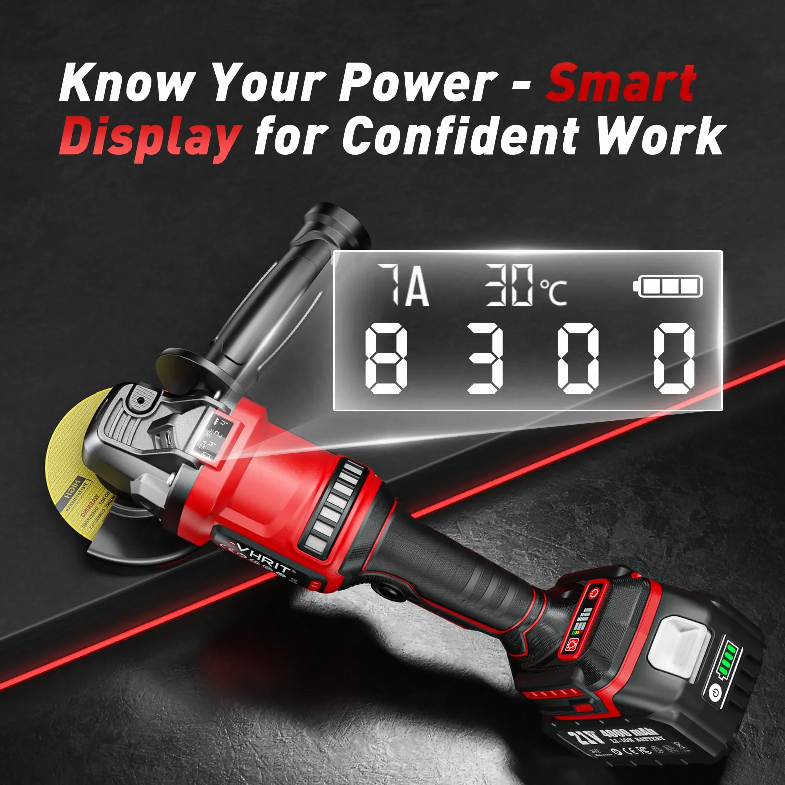Amoladora angular con batería, 10.000RPM Amoladora Angular inalámbrica Motor Sin Escobillas, 2X4000mAh, 3 Velocidades, Bloqueo de Spindle Rápido, Mango Anti-Vibración para Cortar, Desbastar