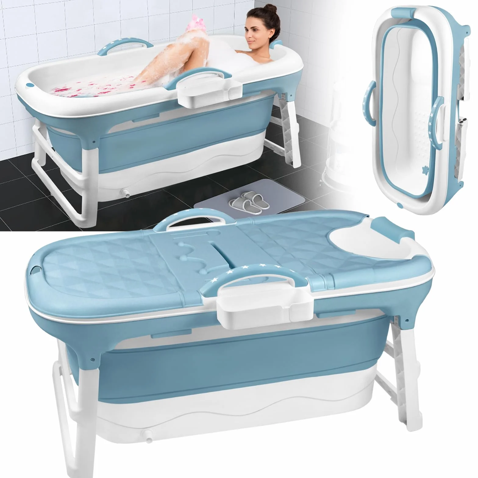 HENGMEI Bañera plegable para adultos, 112 x 62 x 52 cm, bañera portátil con cubierta, rodillos de masaje y bandeja para bañera, azul y verde