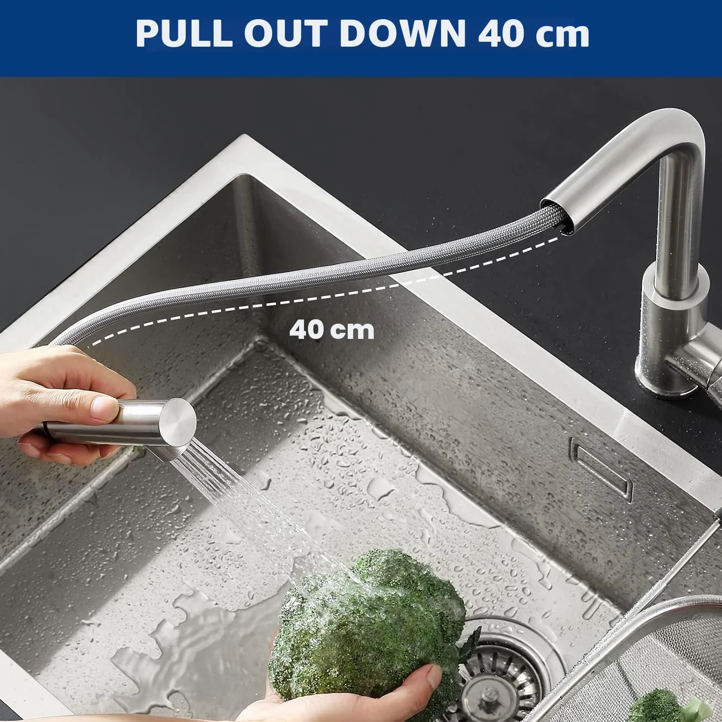CECIPA Fregadero de Cocina de Acero Inoxidable 40 x 45 cm + Grifo de Cocina Extensible Juego Completo de Fregadero Cuadrado Integrado para Base de Armario 40 cm