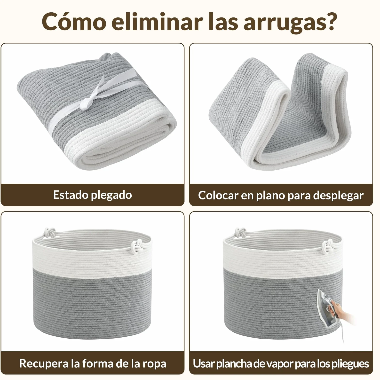 COSYLAND Cesto de Ropa Sucia de Cuerda de Algodón D50 x H35 cm – Cesta para la Ropa Sucia con Asas – Cesto Plegable para Mantas, Juguetes y Lavandería – Blanco Crema y Gris Claro