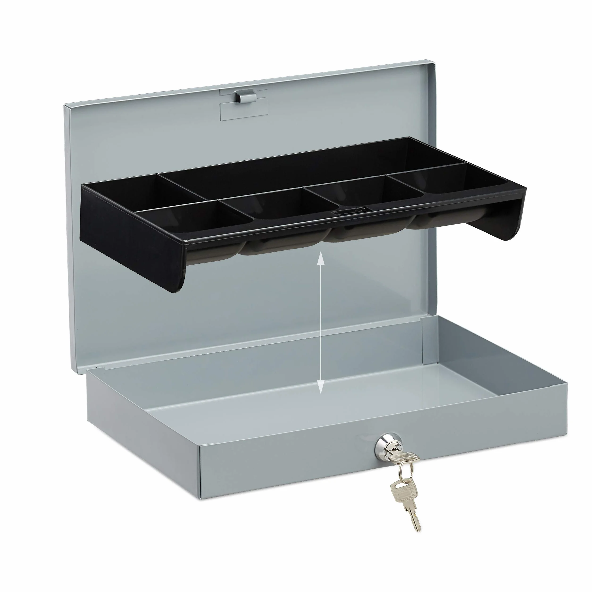 Relaxdays Caja Fuerte Portátil 2 Llaves, Caja Dinero Baja, Caja Caudales, Acero-Plástico, 5x30x20 cm, Gris