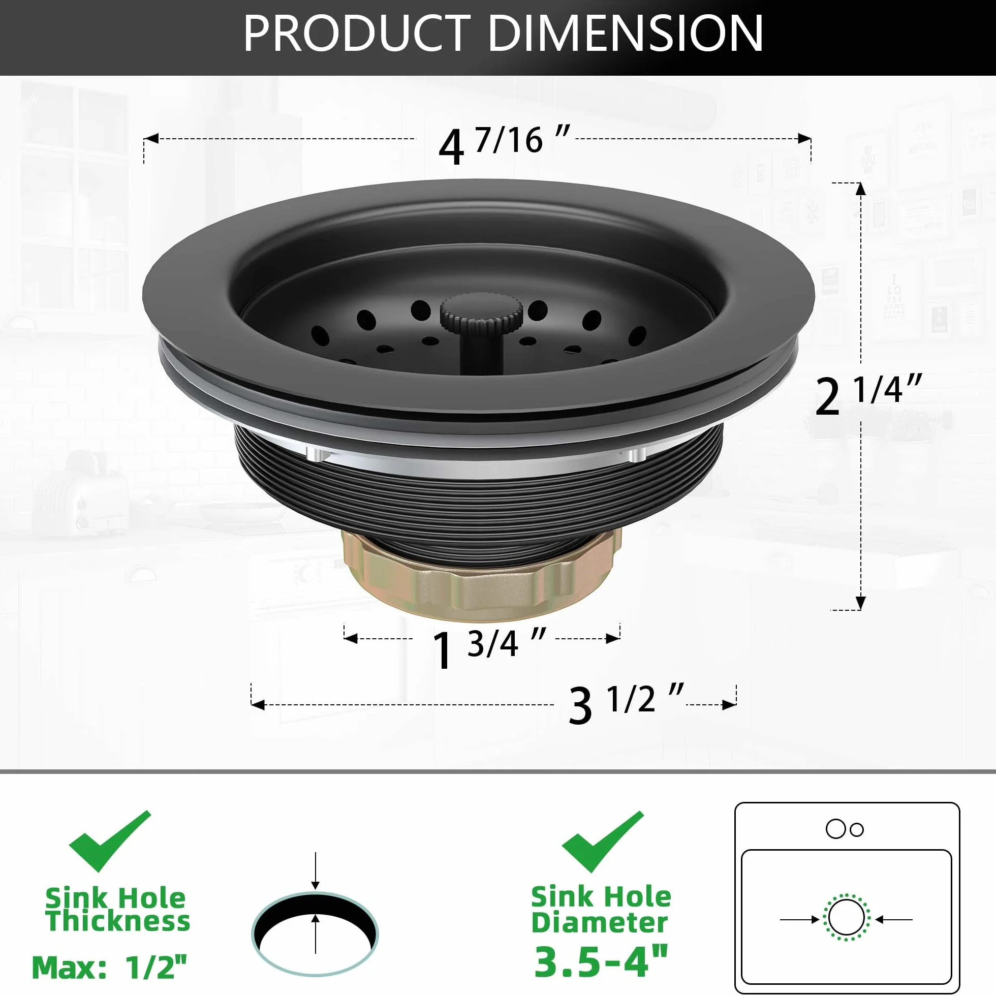 Kit de Montaje de colador de Fregadero de Cocina Negro Mate de 3-1/2 Pulgadas con Cesta coladora y tapón de Drenaje para Fregadero de Cocina estándar, Acero Inoxidable