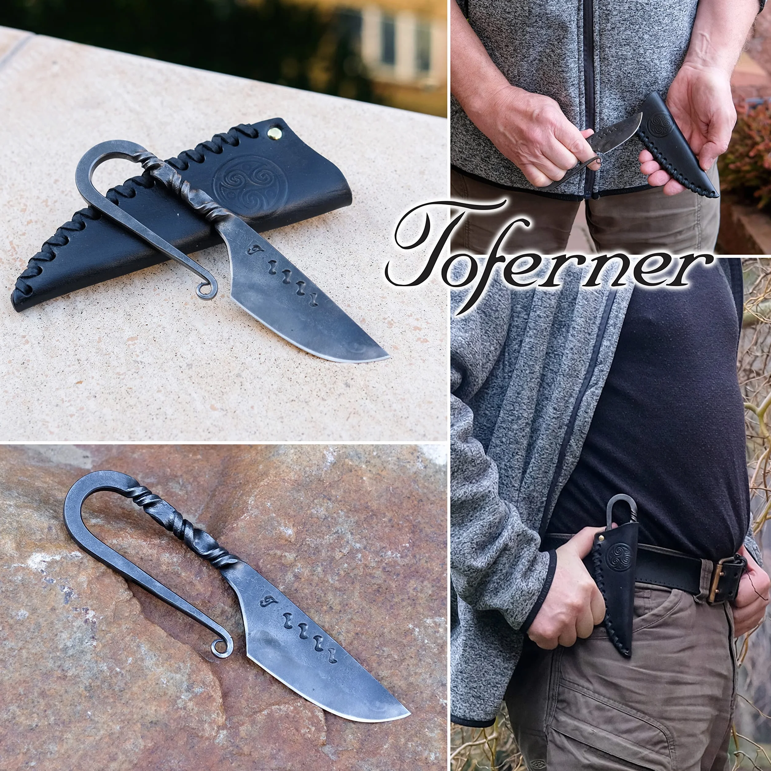 Toferner - Cuchillo de acero celta - Forjado a mano y aspecto vintage - Hoja puntiaguda ultra afilada - Elegante diseño antiguo - Incluye estuche de cuero auténtico