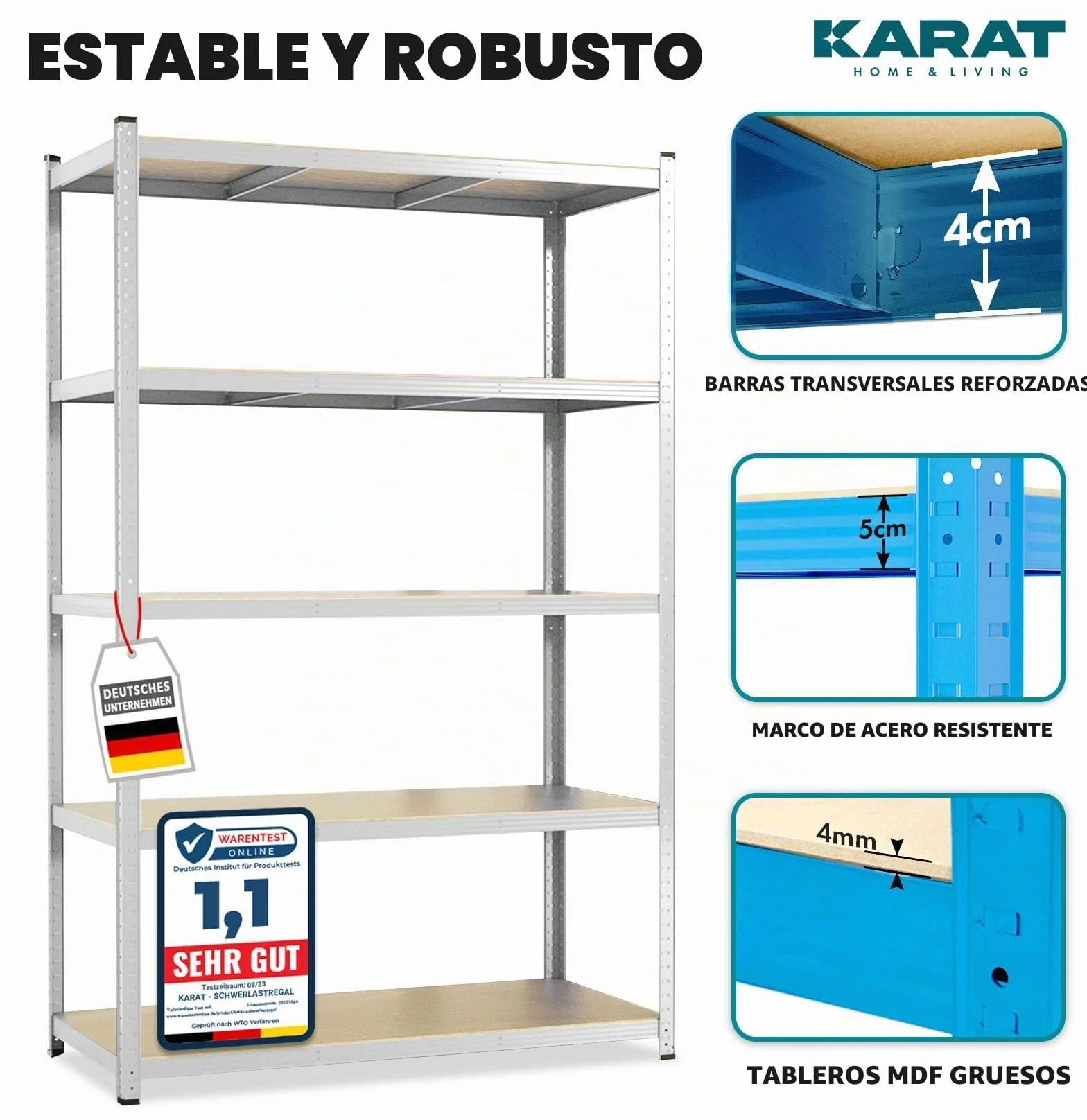 KARAT Estantería de metal para cargas pesadas, 180 x 90 x 60 cm, 5 estantes ajustables (galvanizado)