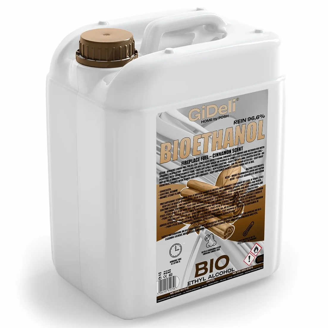 GiDeli Bioetanol 10 l con aroma a canela 96,6% etanol para chimeneas interiores y exteriores, sin humo ni hollín, de maíz y remolacha azucarera