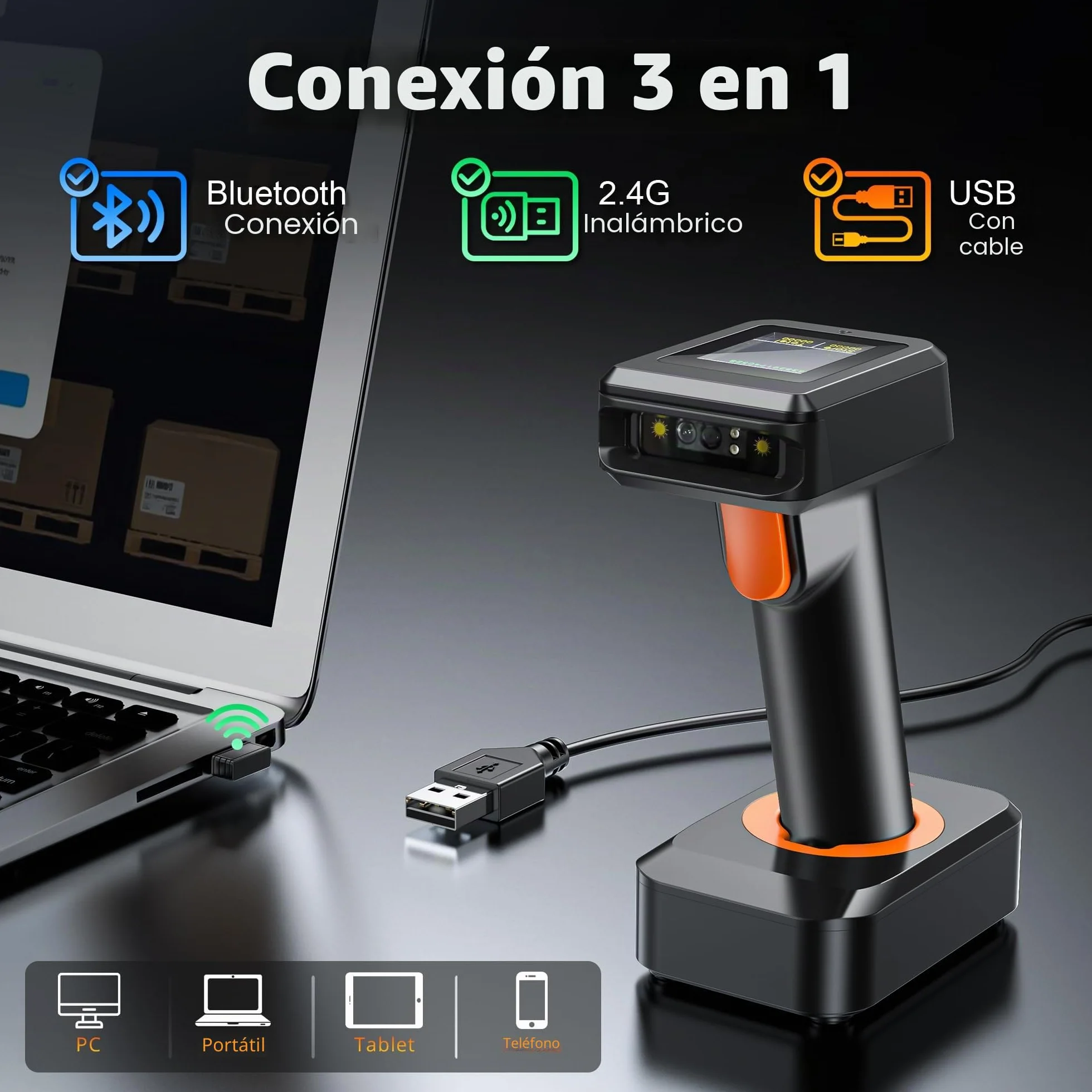 Tera Escáner de Código de Barras Inalámbrico 1D 2D Bluetooth con Base de Cargador y Cable USB