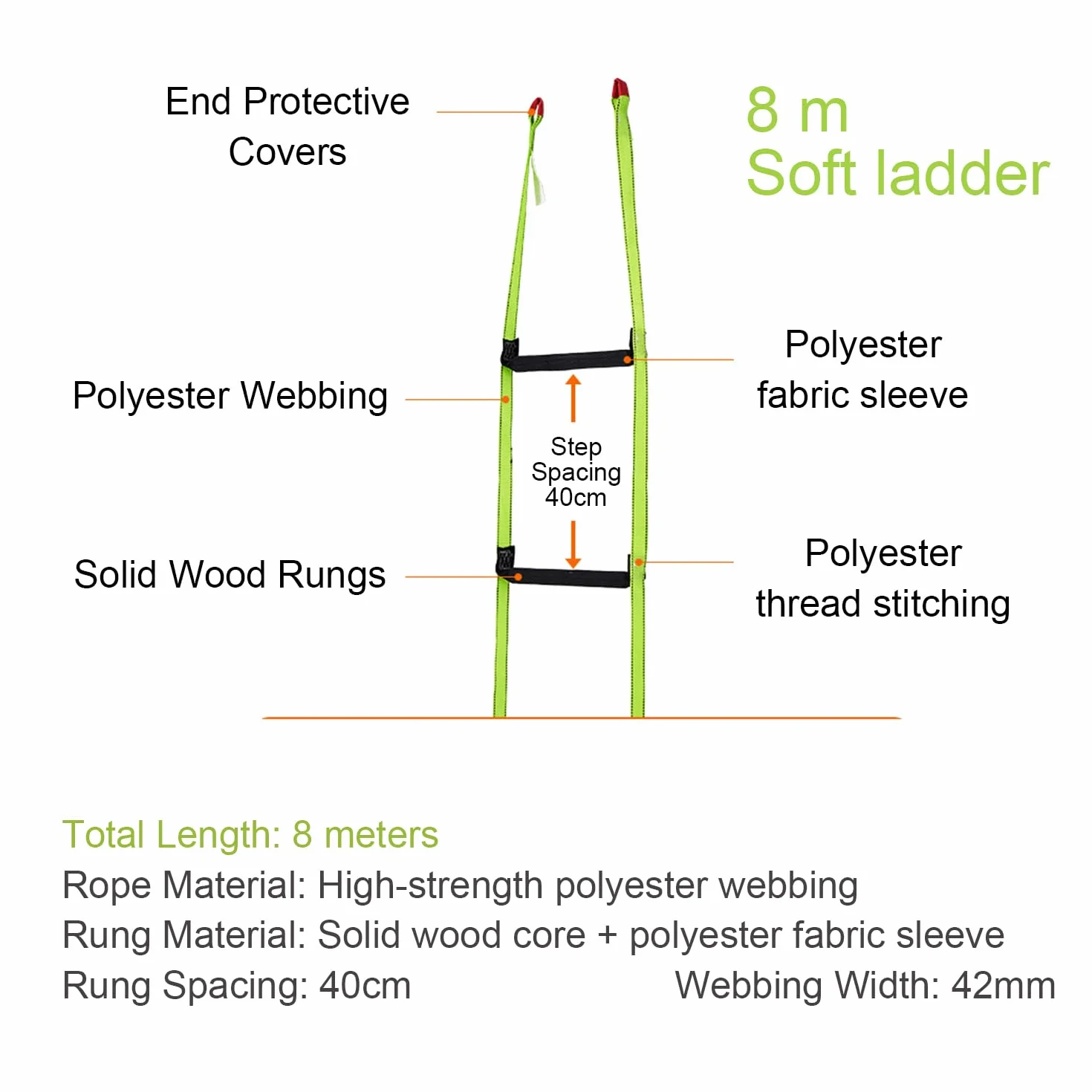 Escalera De Cuerda,8m Escalera Trenzada,Portátil para Emergencias,Adecuada para Casas De 3-5 Plantas,Balcones y Barandillas,con Una Capacidad De Carga De hasta 350 Kg(770 Libras),Verde