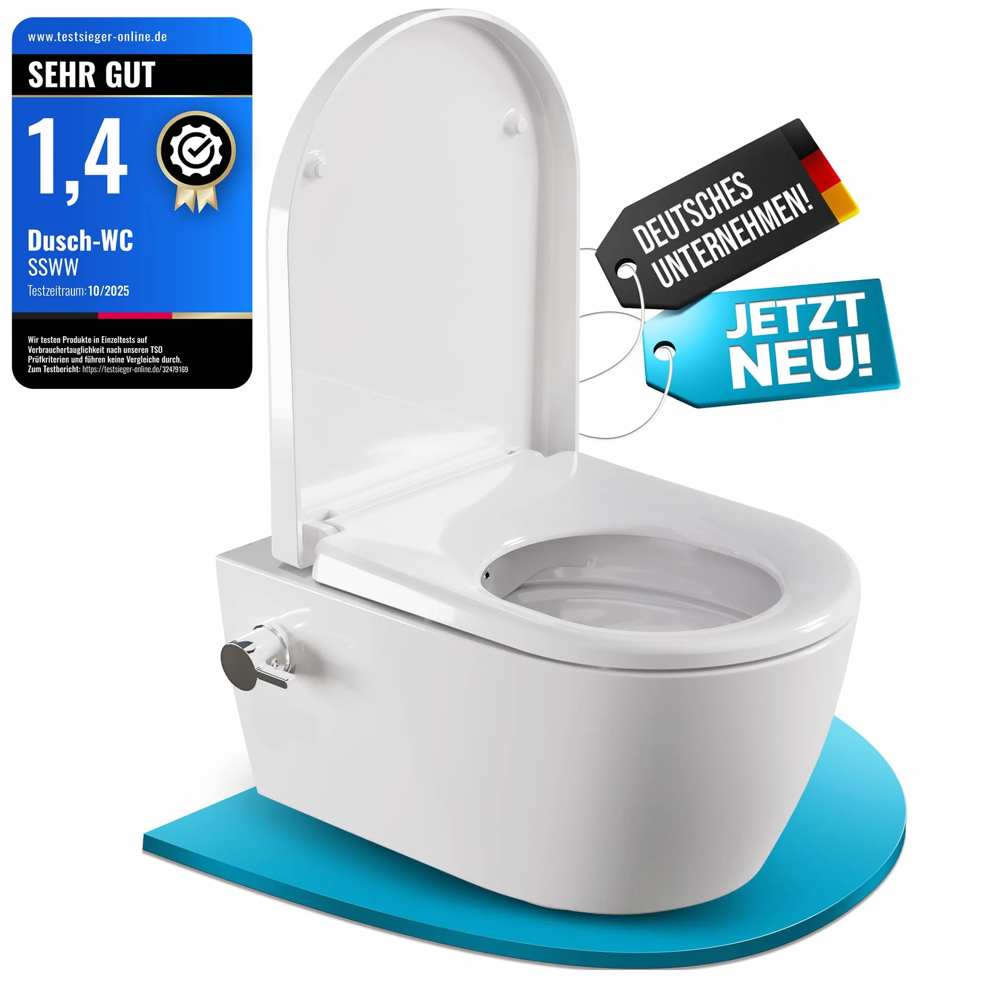 SSWW Taharet - Con Grifos y asiento extraíble Softclose | Ducha para inodoro suspendida | WC con función bidé | Higiénico | Alfa sin borde | 540 x 360 x 330 mm