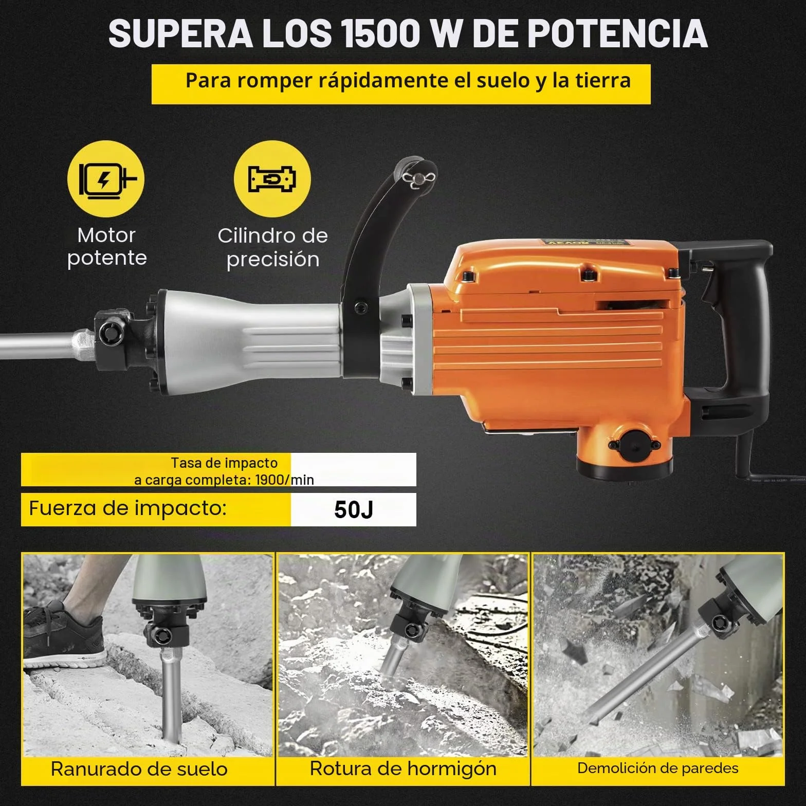 VEVOR Martillo demoledor eléctrico 1500 W 65 A Martillo demoledor con mango ergonómico giratorio a 360° para hormigón, ladrillos, estucos de azulejos, eliminación de cimientos de viviendas