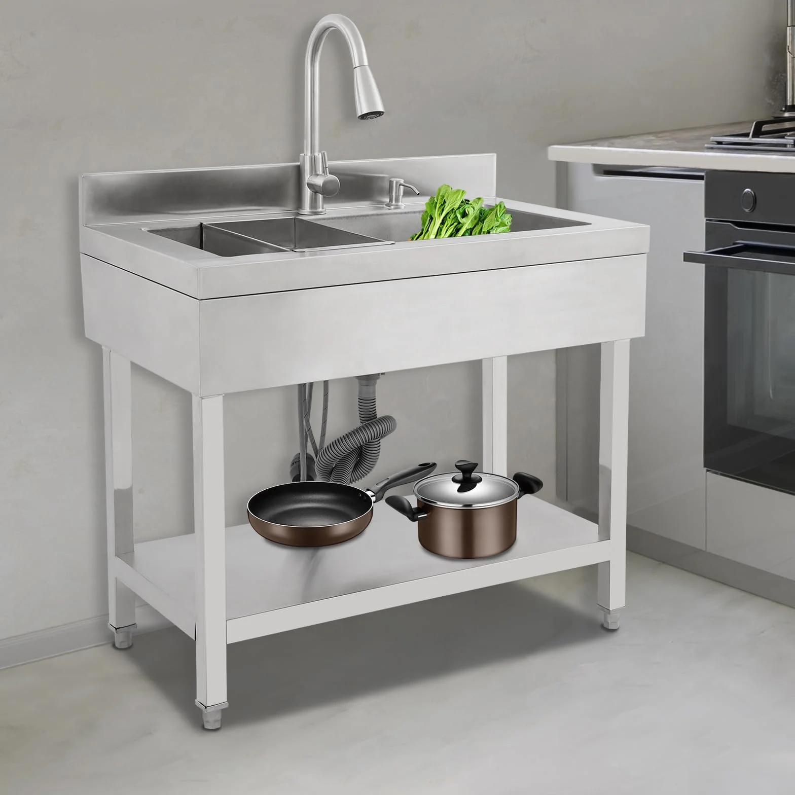 Fregadero de cocina de acero inoxidable independiente, 1 lavabo, fregadero de cocina comercial con grifo con mangueras de agua fría y caliente, fregadero para exteriores, para garaje, lavandería