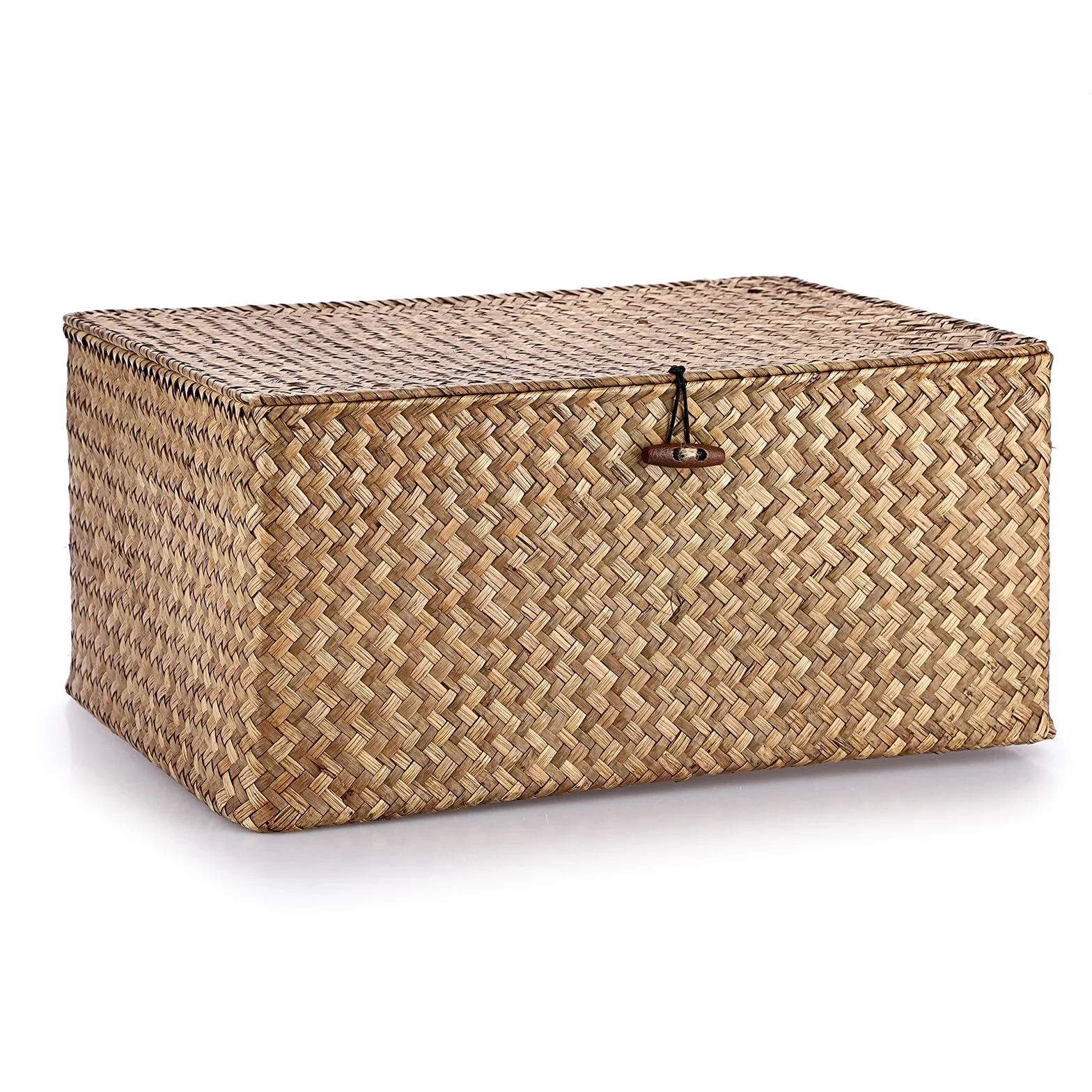 IGNPION - Cesta de almacenamiento de mimbre con tapa, cesta de escritorio de mimbre trenzado, rectangular, organizador de baño, caja decorativa para debajo de los estantes de la sala de estar, cesta