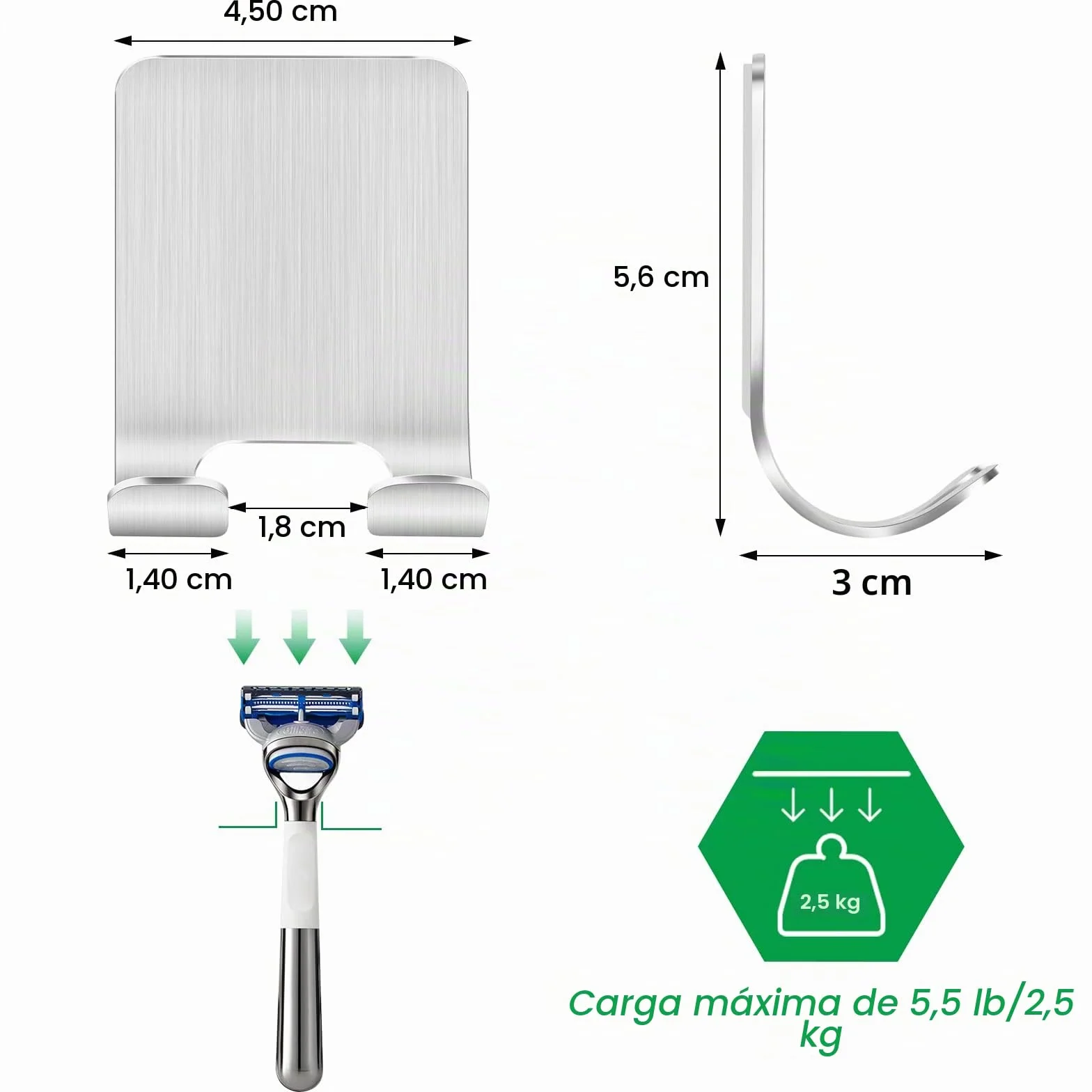 Bolatus 2 unidades de soporte para afeitadora de ducha, gancho autoadhesivo, soporte de afeitado para ducha, acero inoxidable, gancho para toalla, gancho para toallas sin taladrar, ganchos de pared