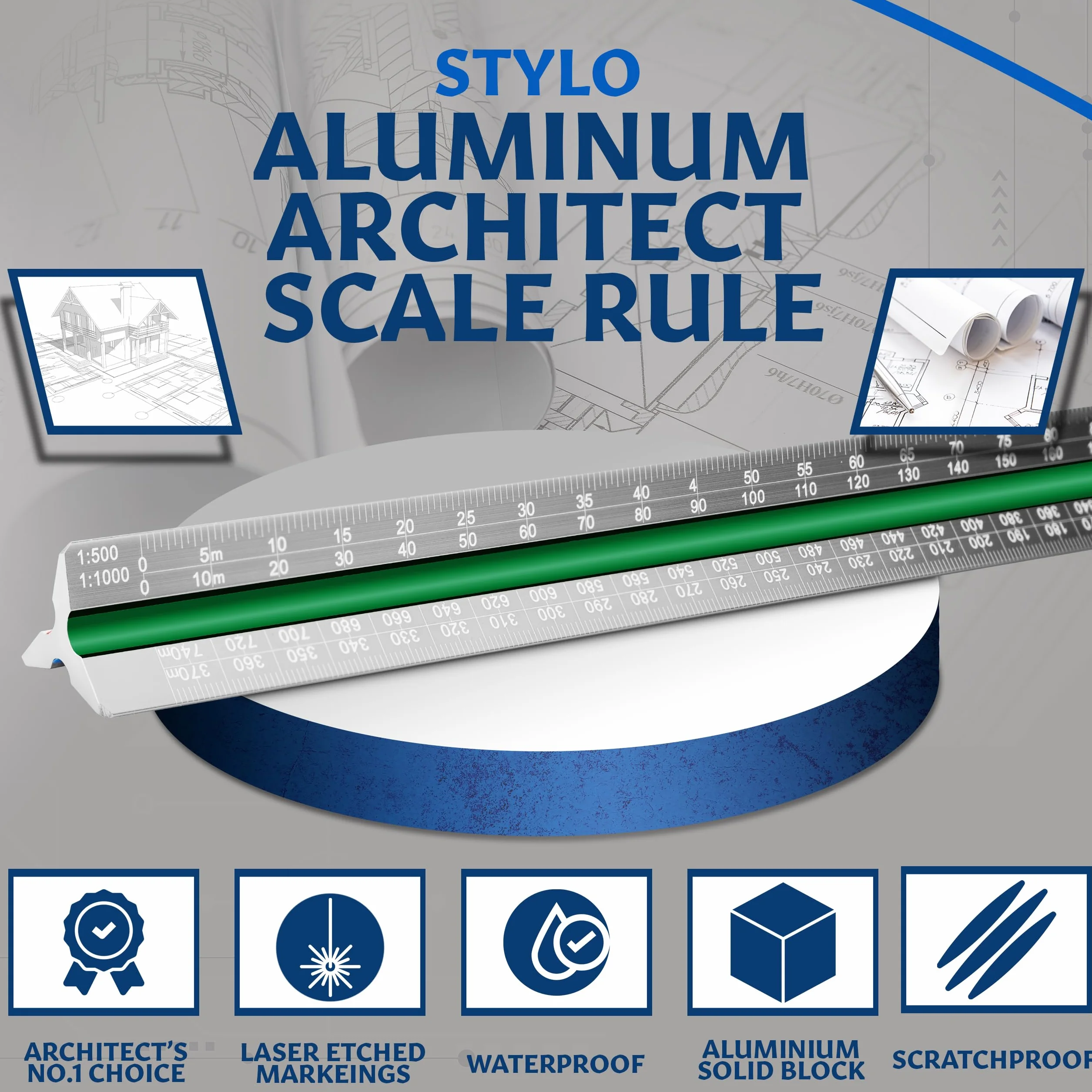 Stylo Regla de aluminio triangular 30 cm ranuras codificadas por colores escala arquitectónica métrica