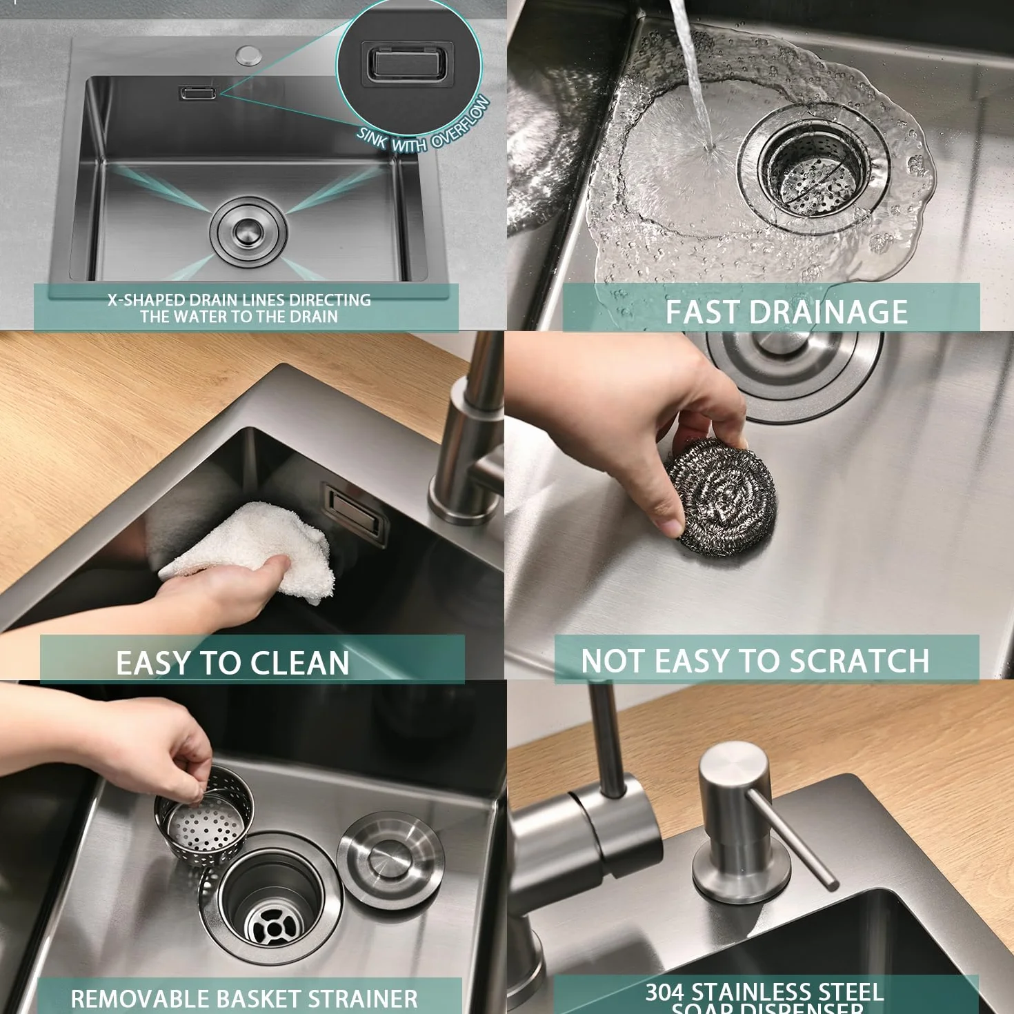 Fregadero de acero inoxidable 40 x 45 cm antracita + grifo de cocina extensible, juego completo de fregadero de cocina BoomHoze cuadrado empotrable pequeño para armario bajo de 40 cm
