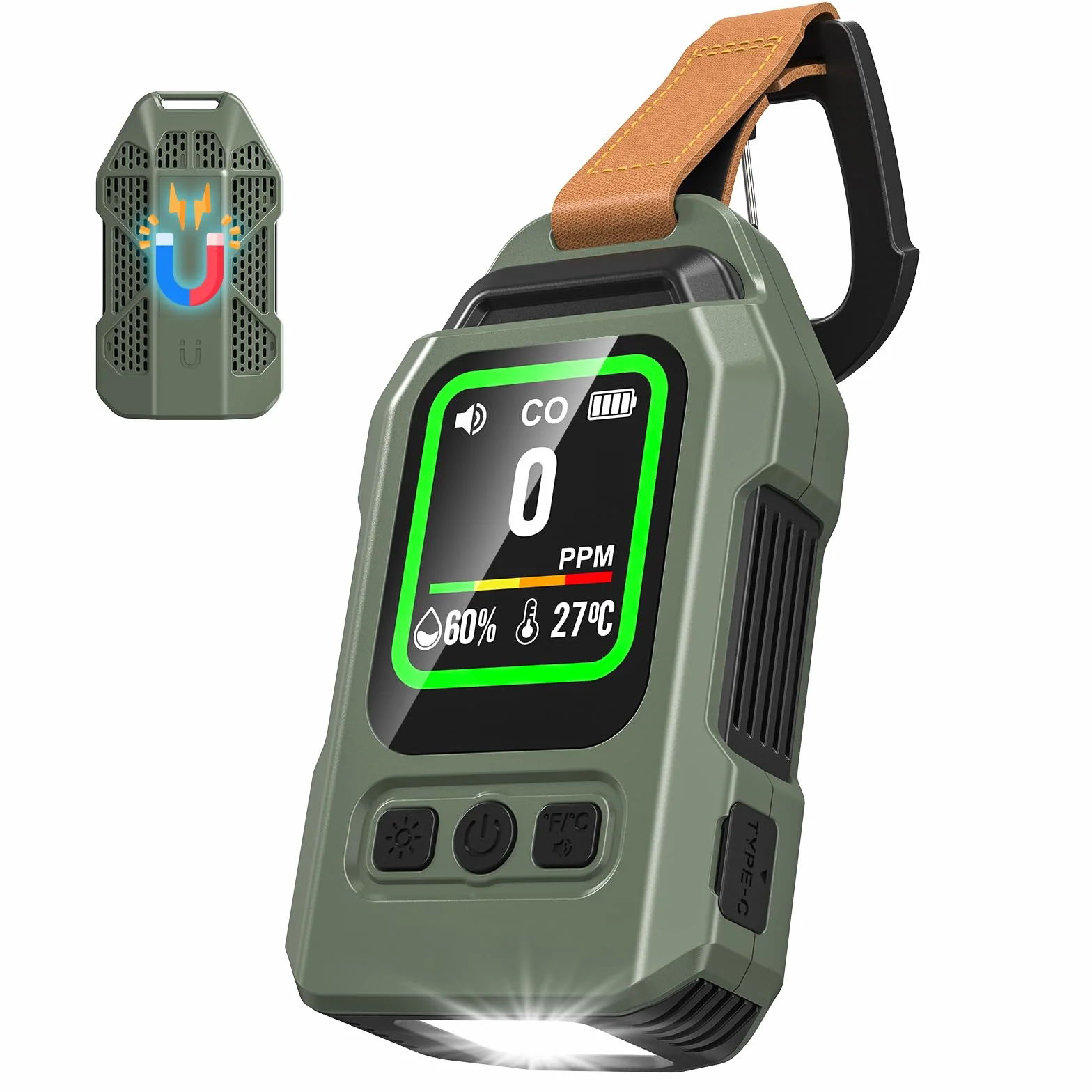 Detector de Monóxido de Carbono Portátil, 300 Horas de Autonomía, Medidor de Temperatura y Humedad, con función de Alarma y Linterna de Emergencia, Ideal para acampadas, Viajes, Coches y cocinas.