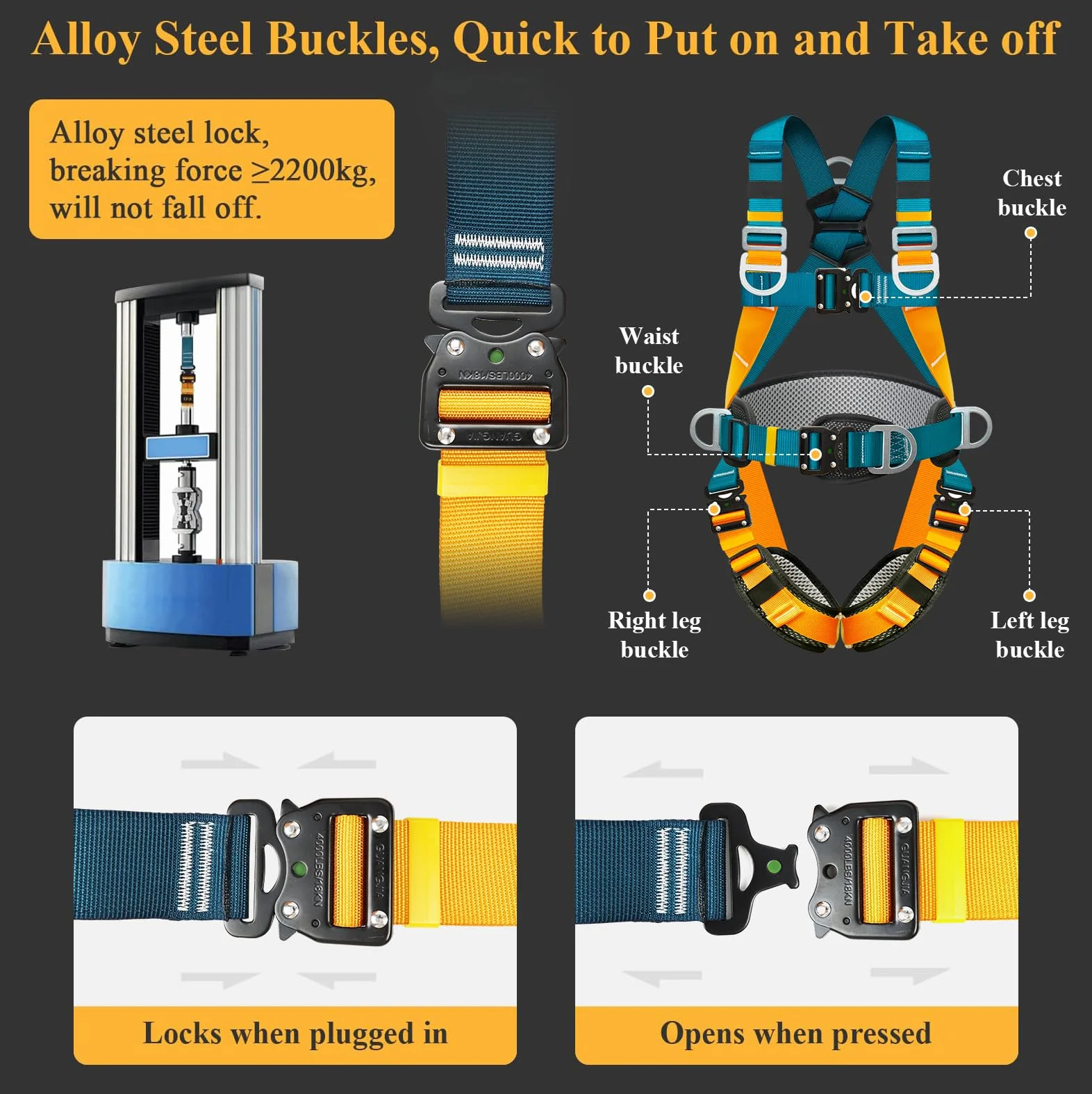 Arnes de seguridad trabajo en altura con cordones, arnes de protección anticaídas de seguridad, con 2 hebillas grandes y 2 cordones de 2 m, carga de 140 kg, para trabajos aéreos, escalada, hombres