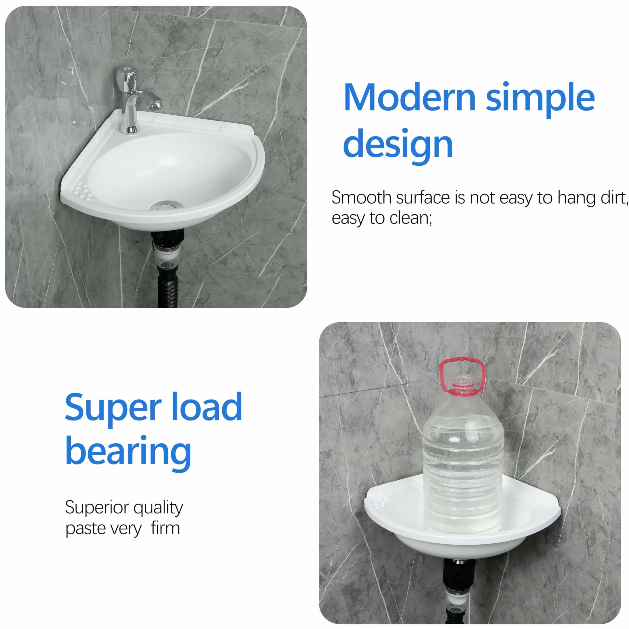 Fregadero de baño pequeño para montaje en pared, lavabo triangular sin taladro, autoadhesivo, 12 x 12 pulgadas con agujero para grifo de 1.26 pulgadas, mini fregadero de plástico para el hogar