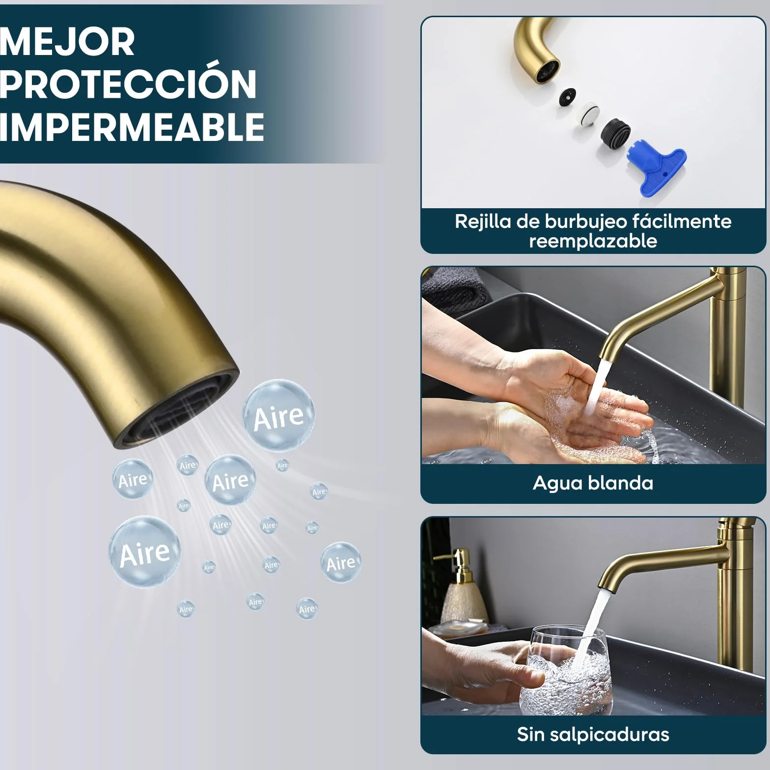 Grifo Lavabo Alto Giratorio 360°, DETBOM Grifo Monomando Agua Fría y Caliente, Grifos Dorado para Lavabo de Encimera, Mezclador de Baño, Acero Inoxidable 304, Aireador Extraíble, Oro Cepillado