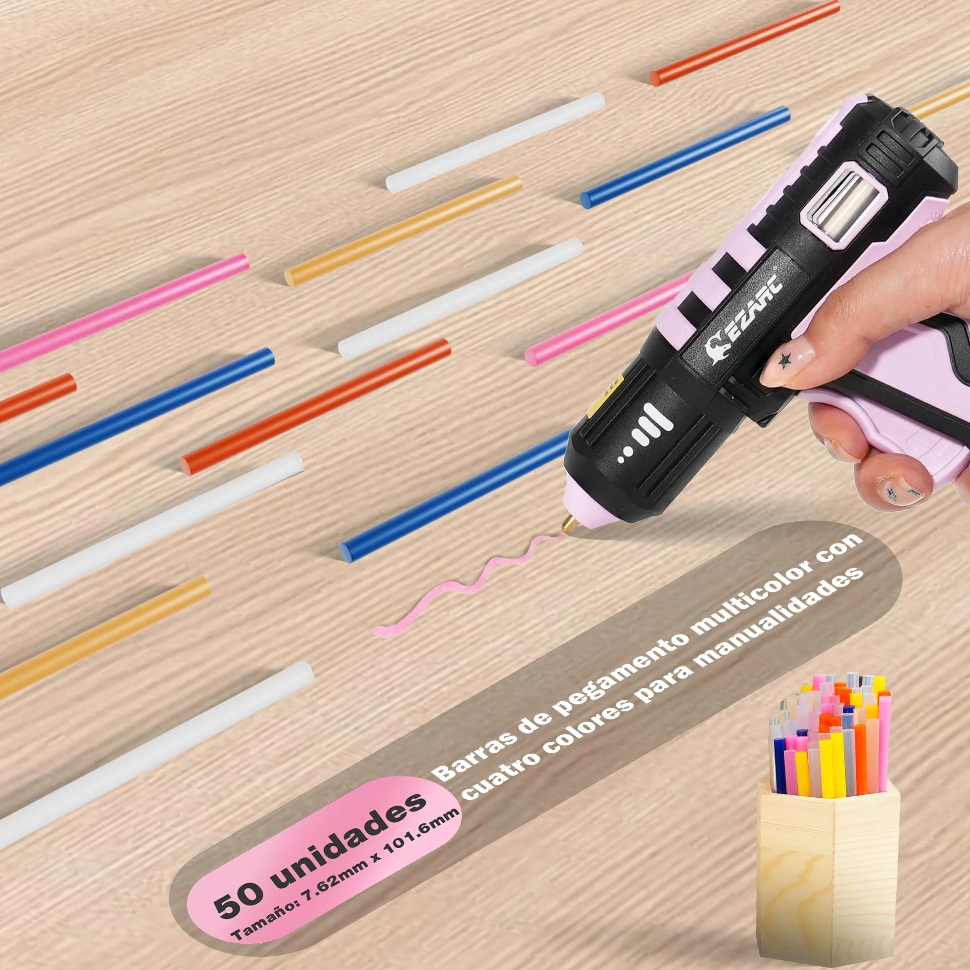 EZARC Pistola de Pegamento Caliente Inalámbrica, Calentamiento Rápido en 15s, 12V Pistola de Pegamento Mini para DIY, Reparaciones Caseras, Proyectos Escolares, Decoraciones, con 50 Barras Mini, Rosa