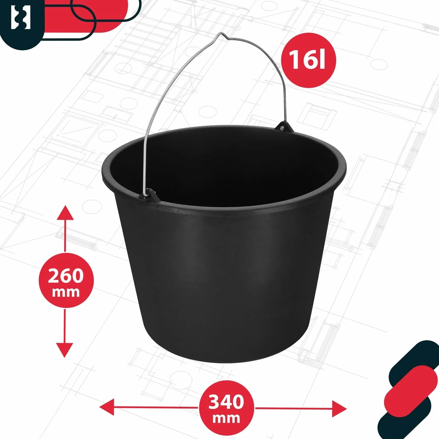 KOTARBAU Juego de 5 cubos de plástico de 16 l para la construcción, cubos para mortero, cemento, agua, cubo de jardín, negro
