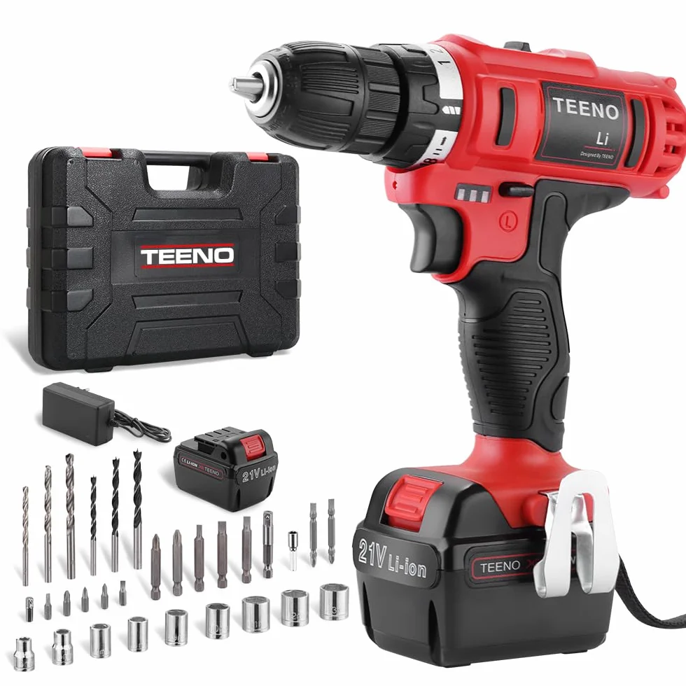 Taladro atornillador inalámbrico TEENO 21V, equipado con 1 batería de 1,5Ah, par de 35Nm, ajuste de 18+1 niveles, 2 velocidades y luz LED, ideal para proyectos de bricolaje.