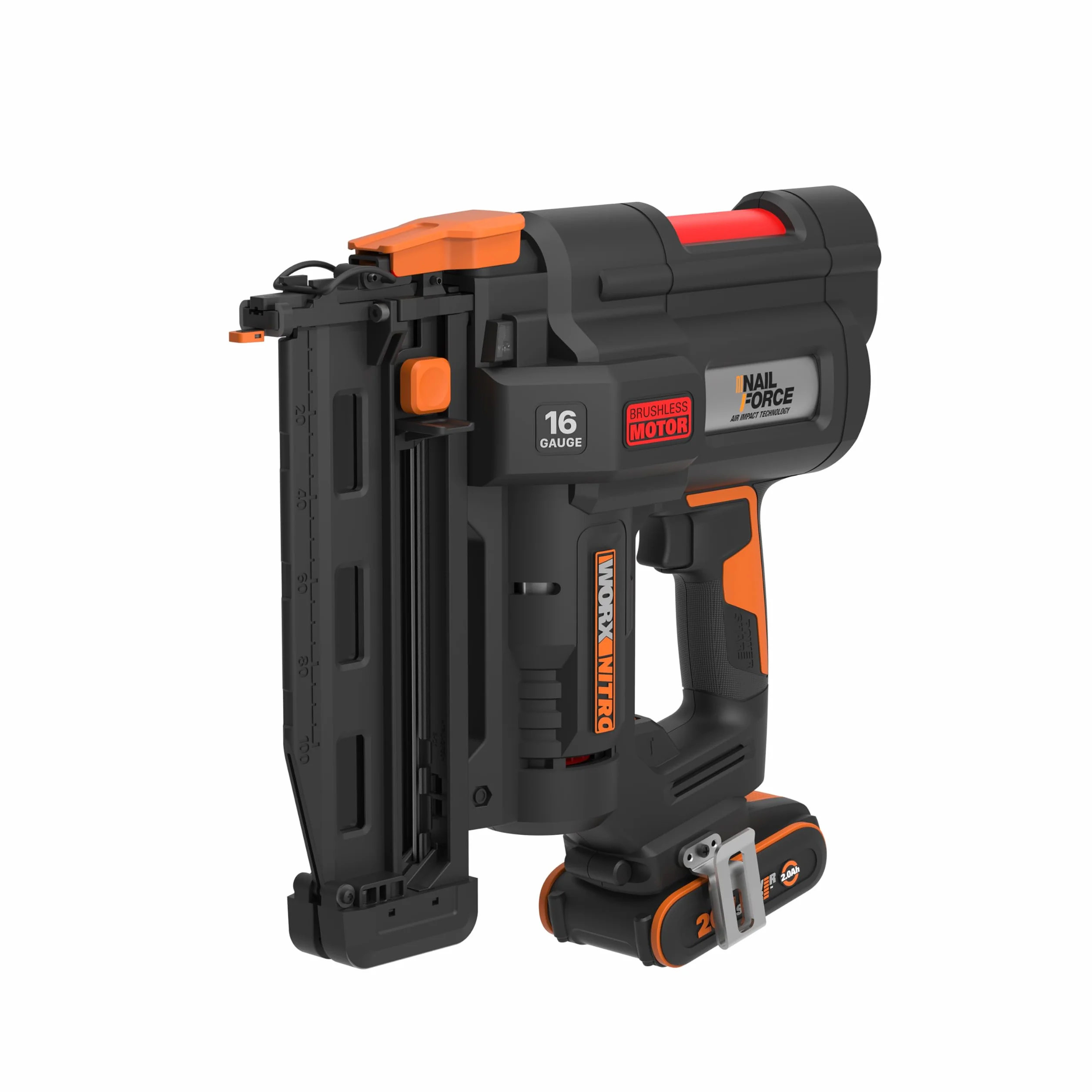 WORX WX841 Nitro – Clavadora eléctrica inalámbrica 20 V – 2 Ah – Tire hasta 80 clavos por minuto – Hasta 64 mm en la madera – Desbloqueo sin herramientas – (incluye batería y cargador| 200 clavos