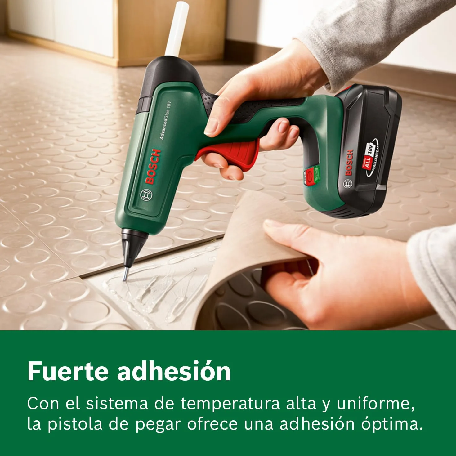Bosch pistola de pegar a batería AdvancedGlue 18V (sin batería; sistema 18 V; 4 barras de cola; calienta en 90 s; modo doble temp. 130 °C - 200 °C; para bricolaje, reparación y más; embalaje cartón)