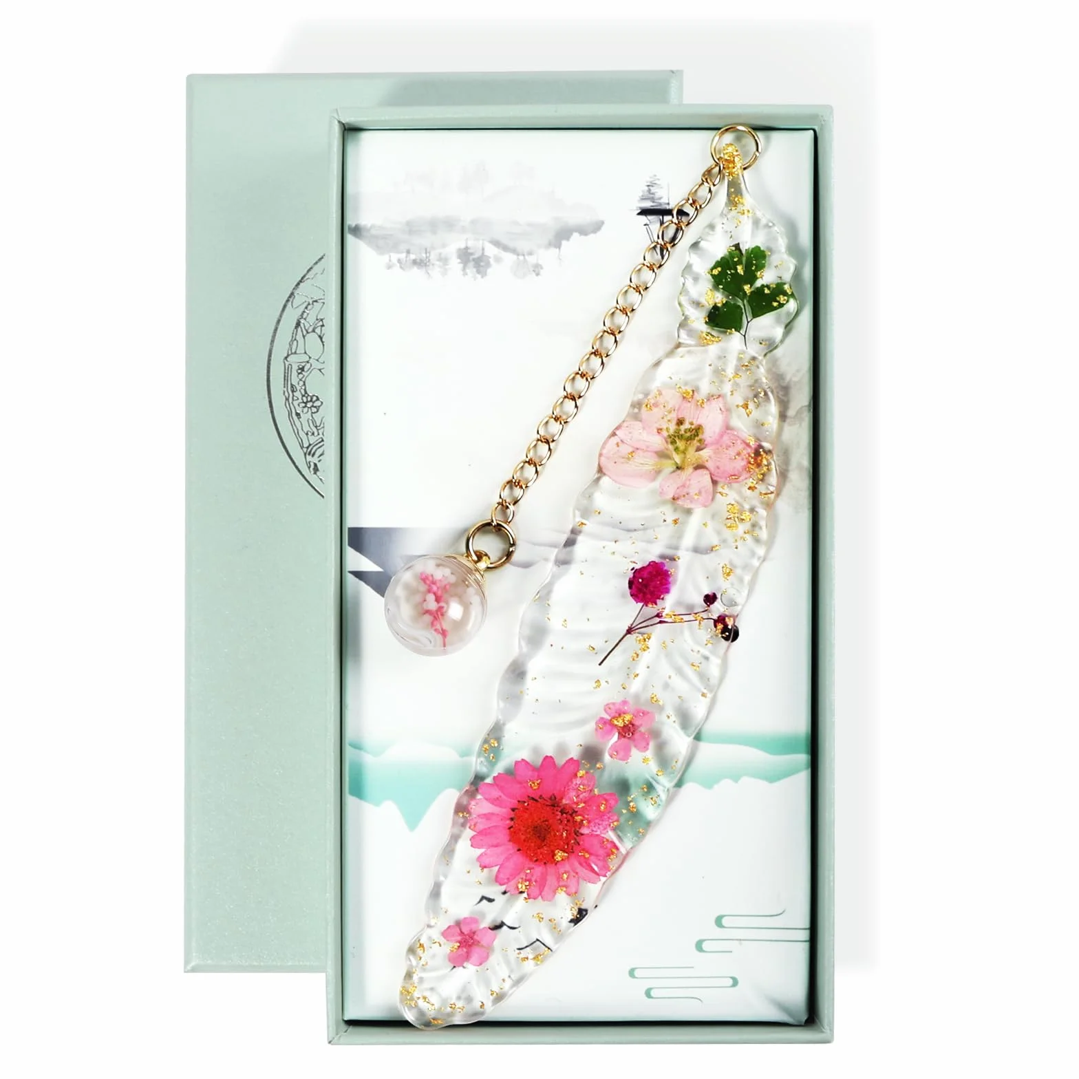 Marcapáginas de Flores Secas de Resina con Caja de Regalo - Accesorio de Lectura Original para Estudiantes y Mujeres (Rosa)