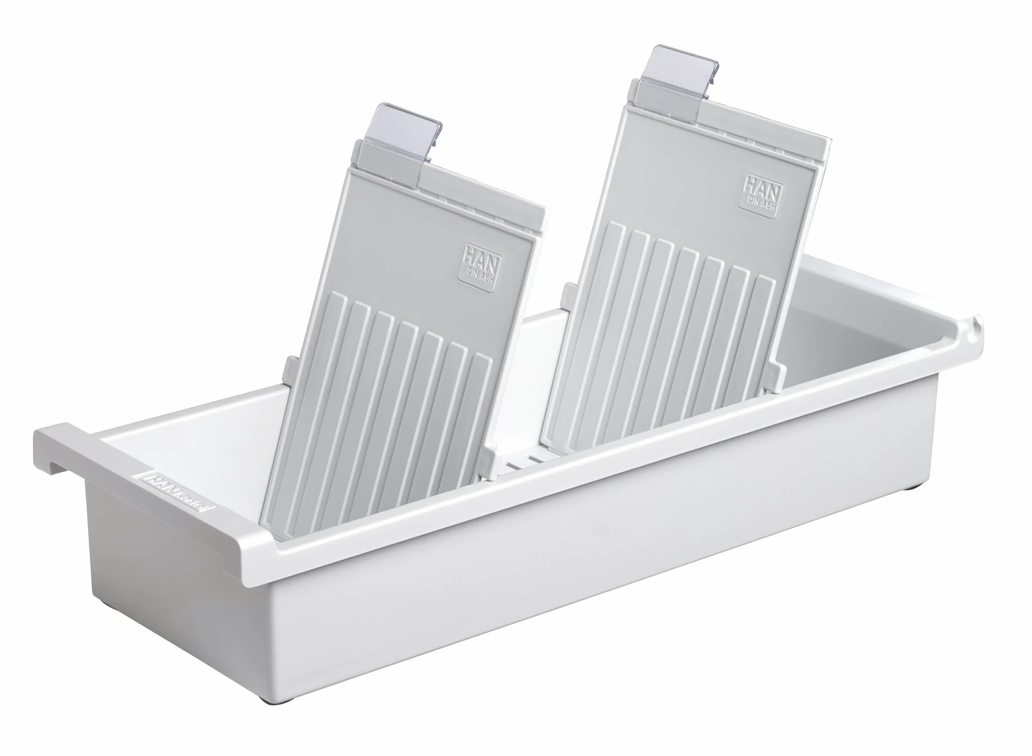 HAN 956-0-1-11 - Cajón para tarjetas, fabricado en poliestireno, capacidad para 1300 tarjetas aprox., A6 vertical, 128 x 65 x 347 mm, color gris